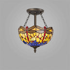 NLK00719 Heidi 3 Light Semi Ceiling With 30cm Tiffany Shade Blue/Orange/Crystal/Aged Antique Brass