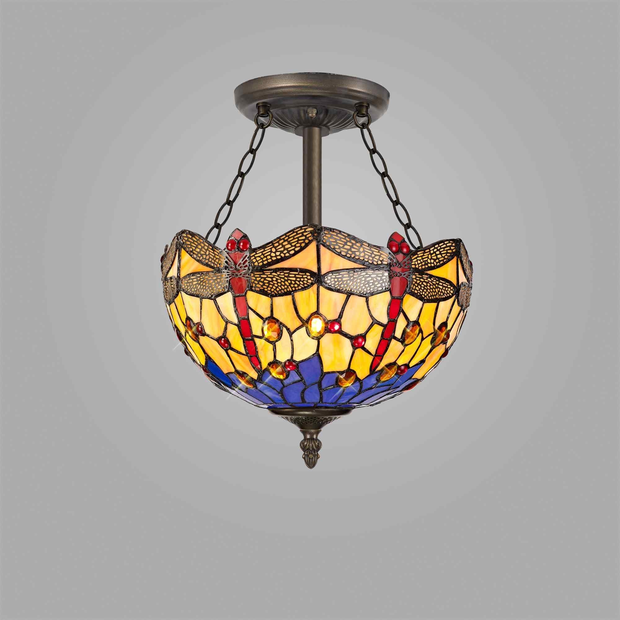 NLK00719 Heidi 3 Light Semi Ceiling With 30cm Tiffany Shade Blue/Orange/Crystal/Aged Antique Brass