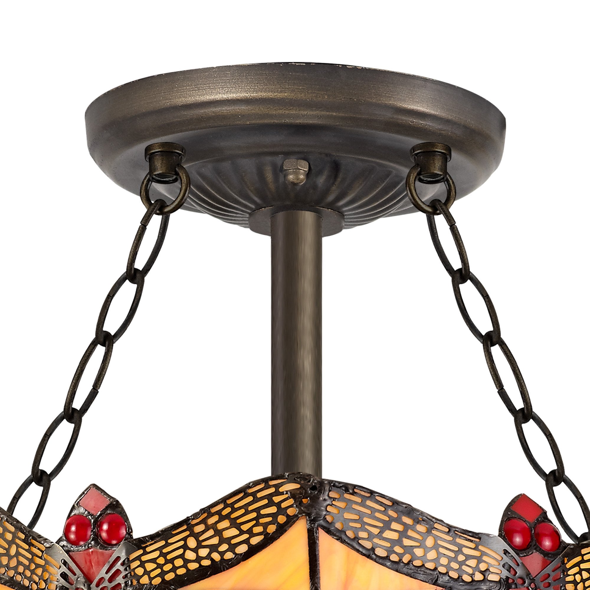 NLK00719 Heidi 3 Light Semi Ceiling With 30cm Tiffany Shade Blue/Orange/Crystal/Aged Antique Brass