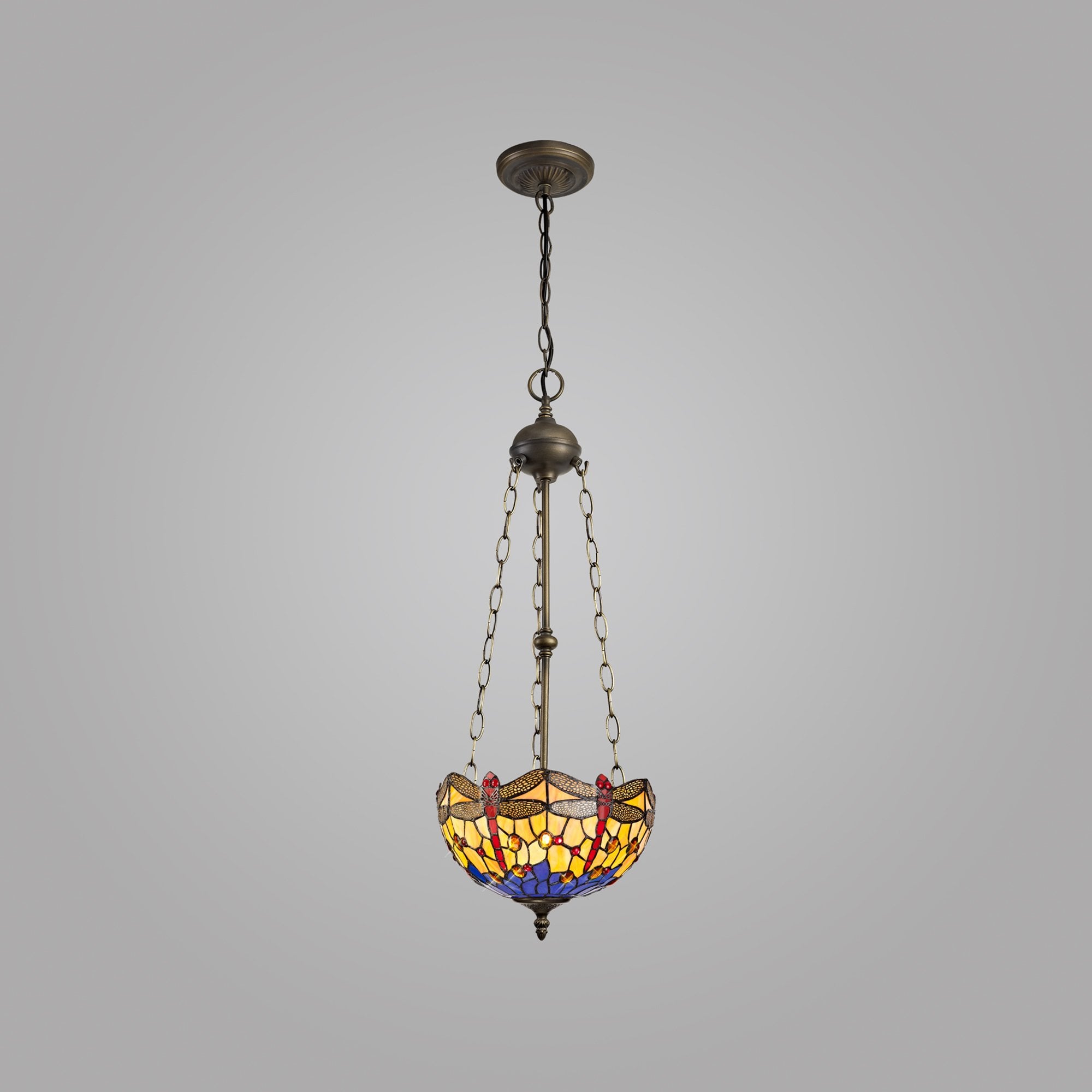 NLK00739 Heidi 3 Light Up Lighter Pendant With 30cm Tiffany Shade Blue/Orange/Crystal/Aged Antique Brass