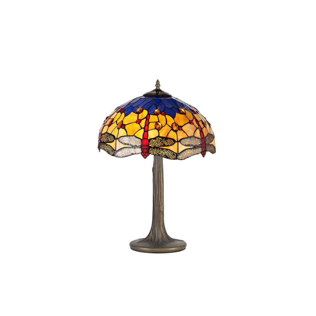 NLK00749 Heidi 2 Light Tree Like Table Lamp With 40cm Tiffany Shade Blue/Orange/Crystal/Aged Antique Brass