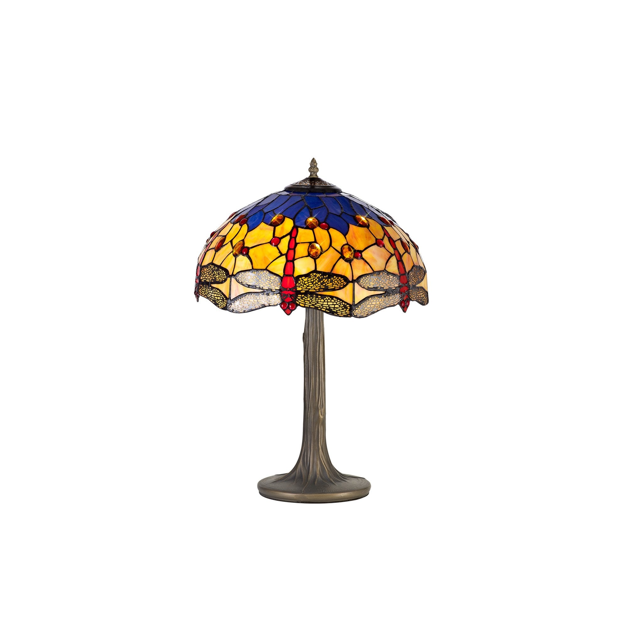 NLK00749 Heidi 2 Light Tree Like Table Lamp With 40cm Tiffany Shade Blue/Orange/Crystal/Aged Antique Brass