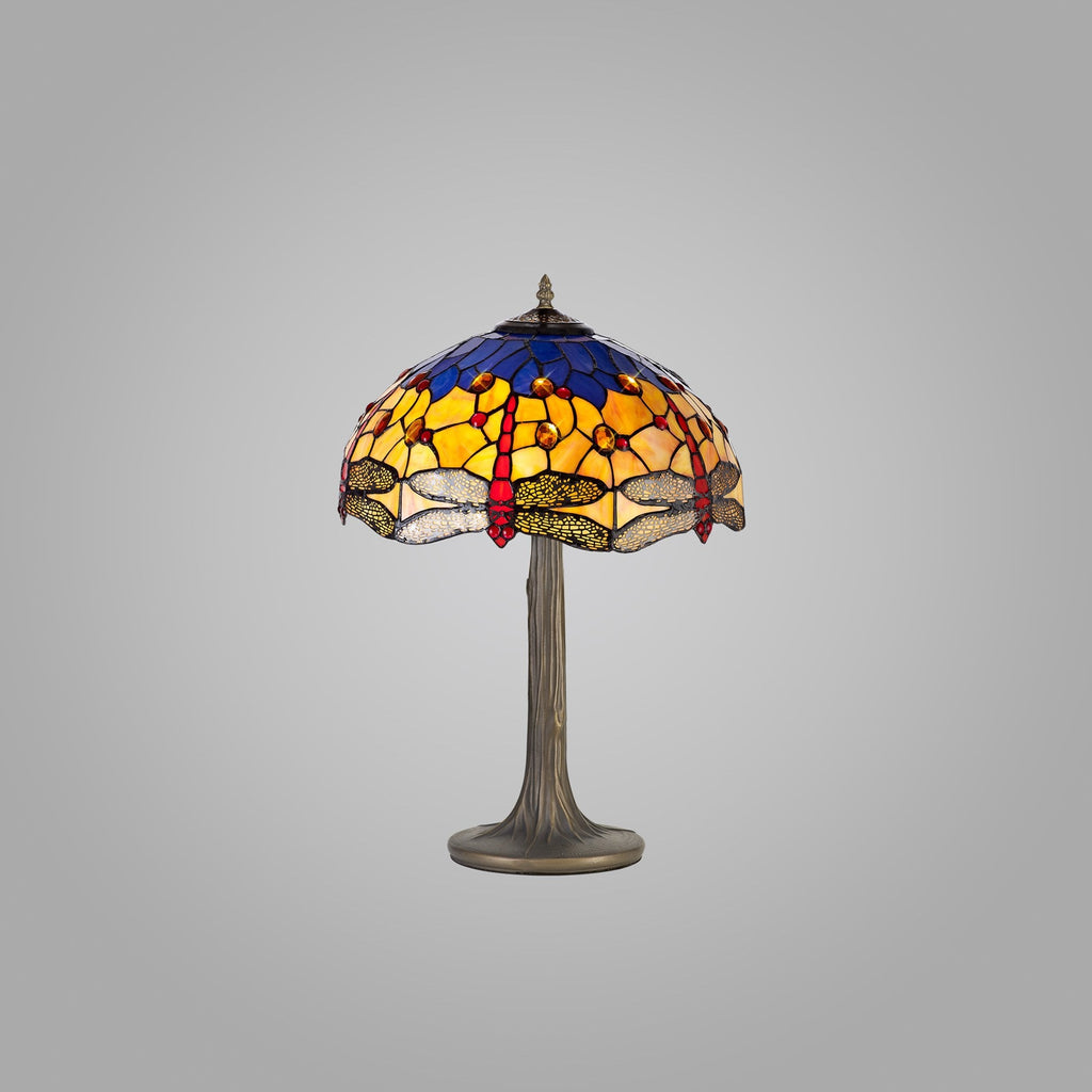 NLK00749 Heidi 2 Light Tree Like Table Lamp With 40cm Tiffany Shade Blue/Orange/Crystal/Aged Antique Brass