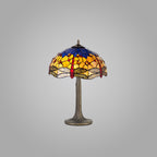 NLK00749 Heidi 2 Light Tree Like Table Lamp With 40cm Tiffany Shade Blue/Orange/Crystal/Aged Antique Brass