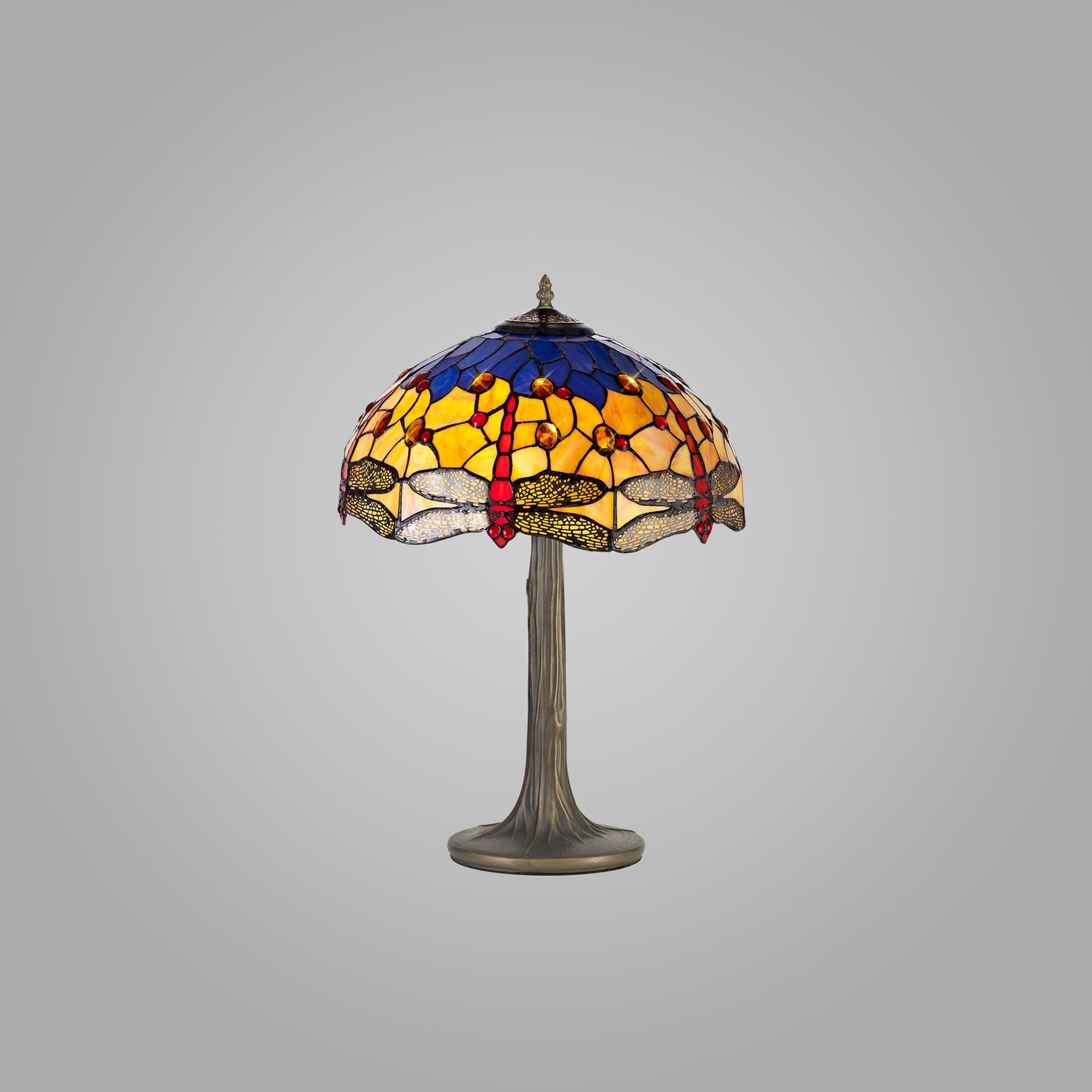 NLK00749 Heidi 2 Light Tree Like Table Lamp With 40cm Tiffany Shade Blue/Orange/Crystal/Aged Antique Brass