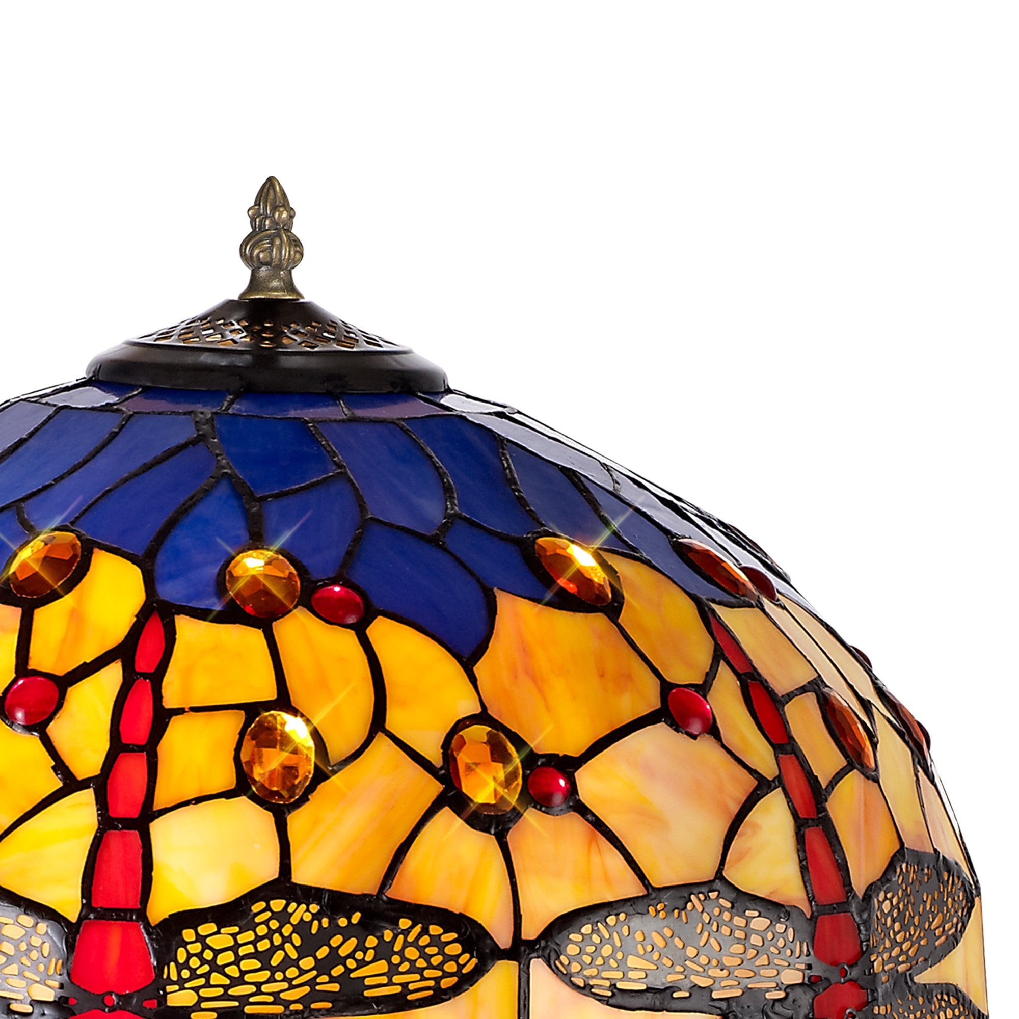 NLK00749 Heidi 2 Light Tree Like Table Lamp With 40cm Tiffany Shade Blue/Orange/Crystal/Aged Antique Brass