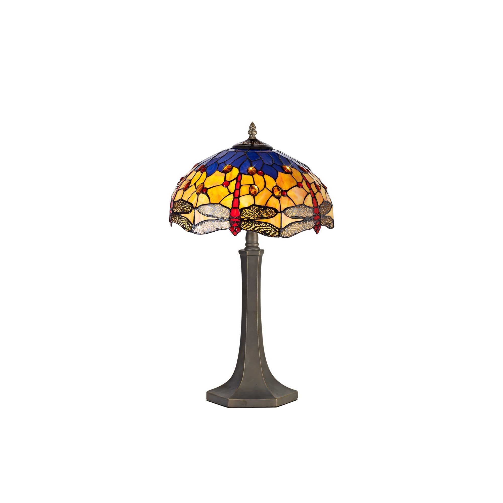 NLK00759 Heidi 2 Light Octagonal Table Lamp With 40cm Tiffany Shade Blue/Orange/Crystal/Aged Antique Brass
