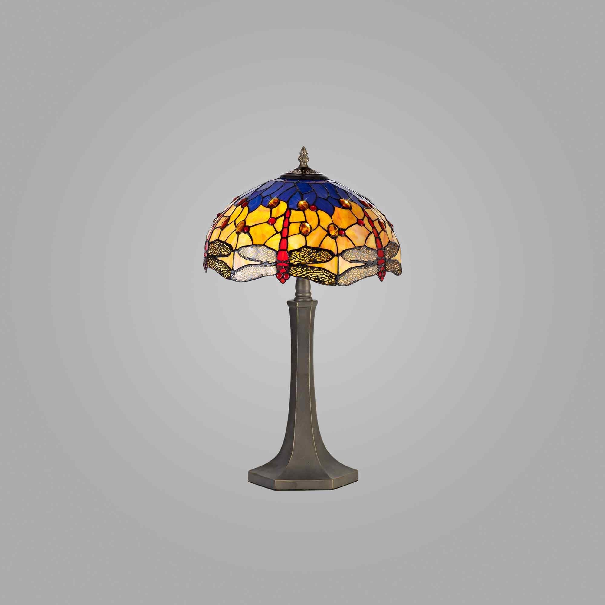 NLK00759 Heidi 2 Light Octagonal Table Lamp With 40cm Tiffany Shade Blue/Orange/Crystal/Aged Antique Brass