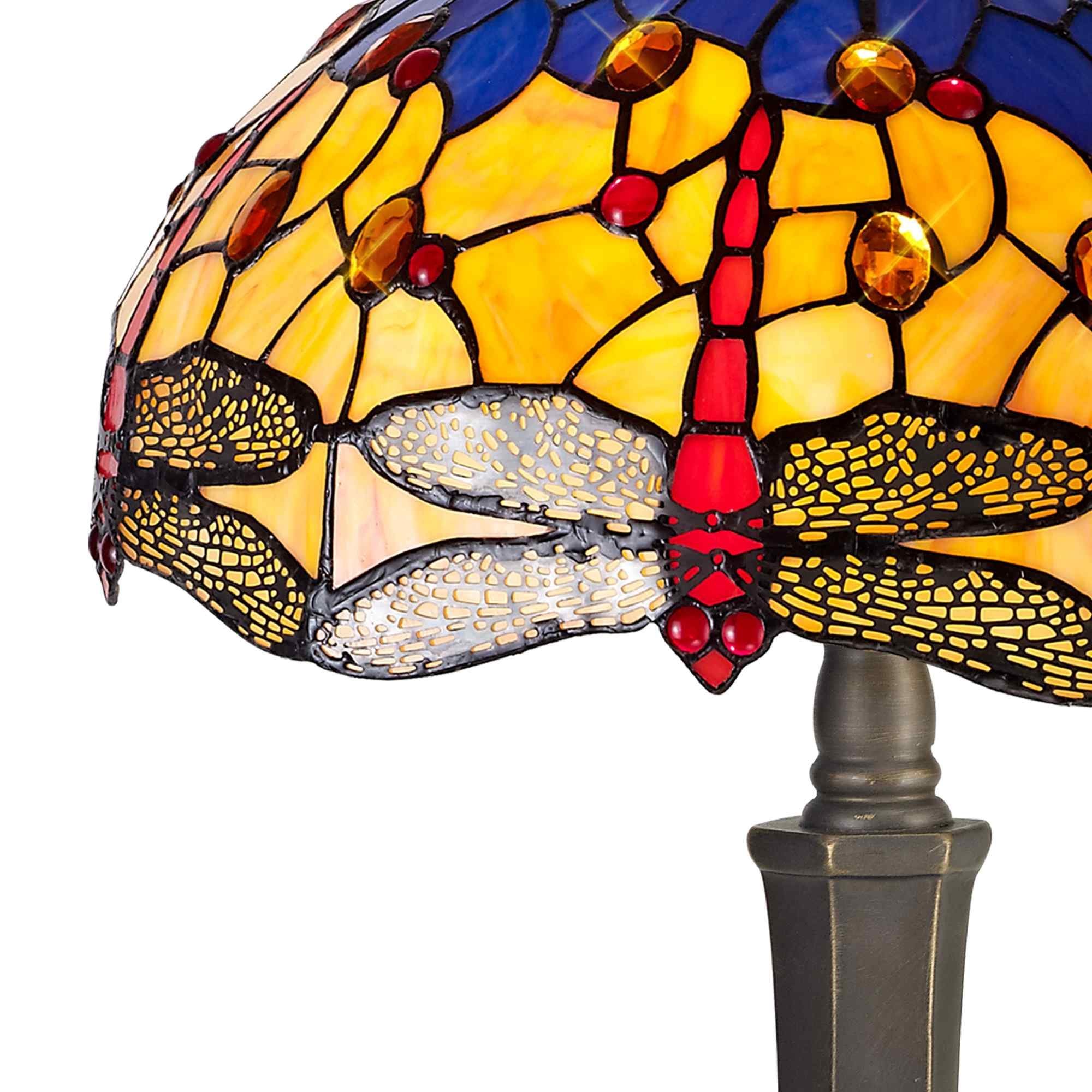NLK00759 Heidi 2 Light Octagonal Table Lamp With 40cm Tiffany Shade Blue/Orange/Crystal/Aged Antique Brass