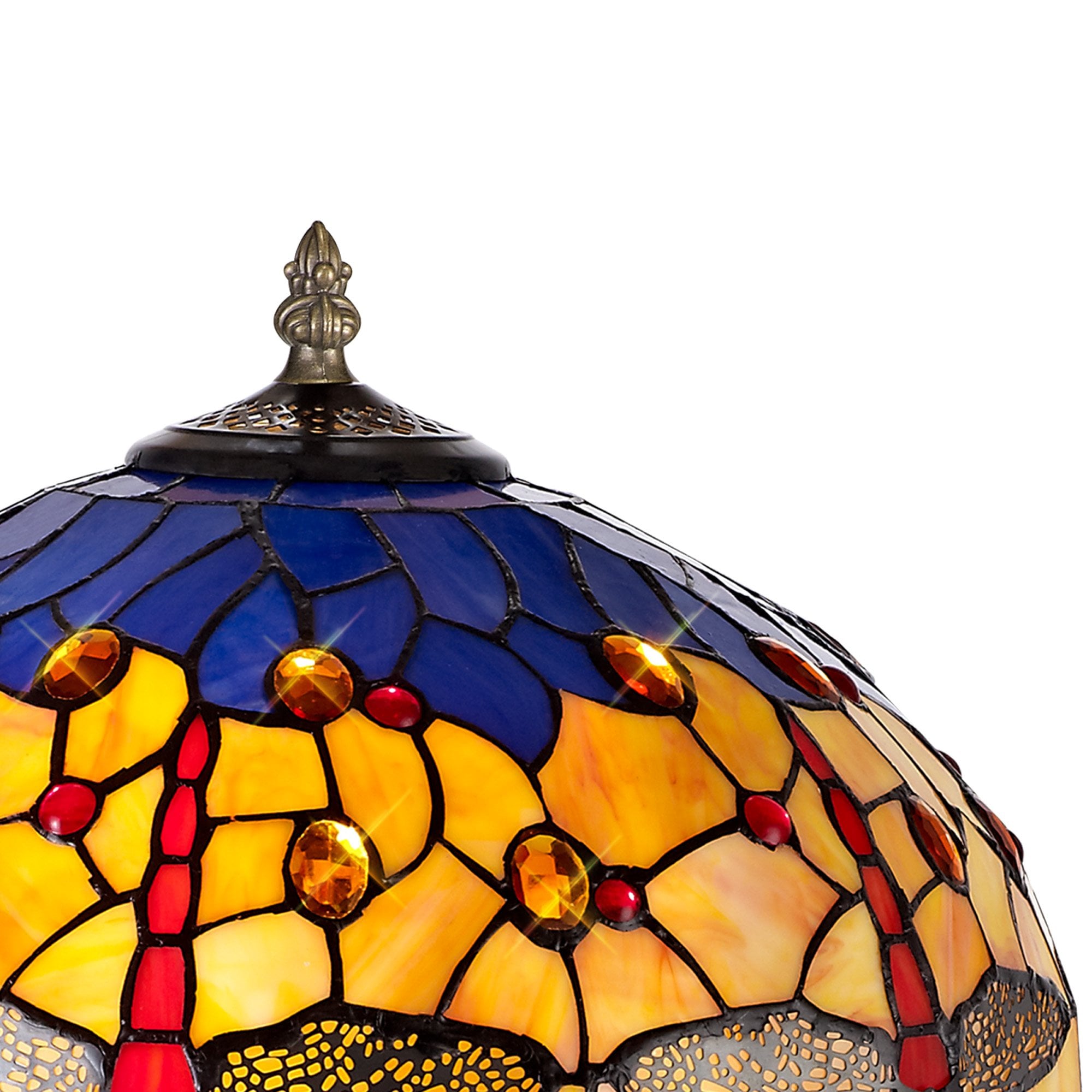 NLK00759 Heidi 2 Light Octagonal Table Lamp With 40cm Tiffany Shade Blue/Orange/Crystal/Aged Antique Brass