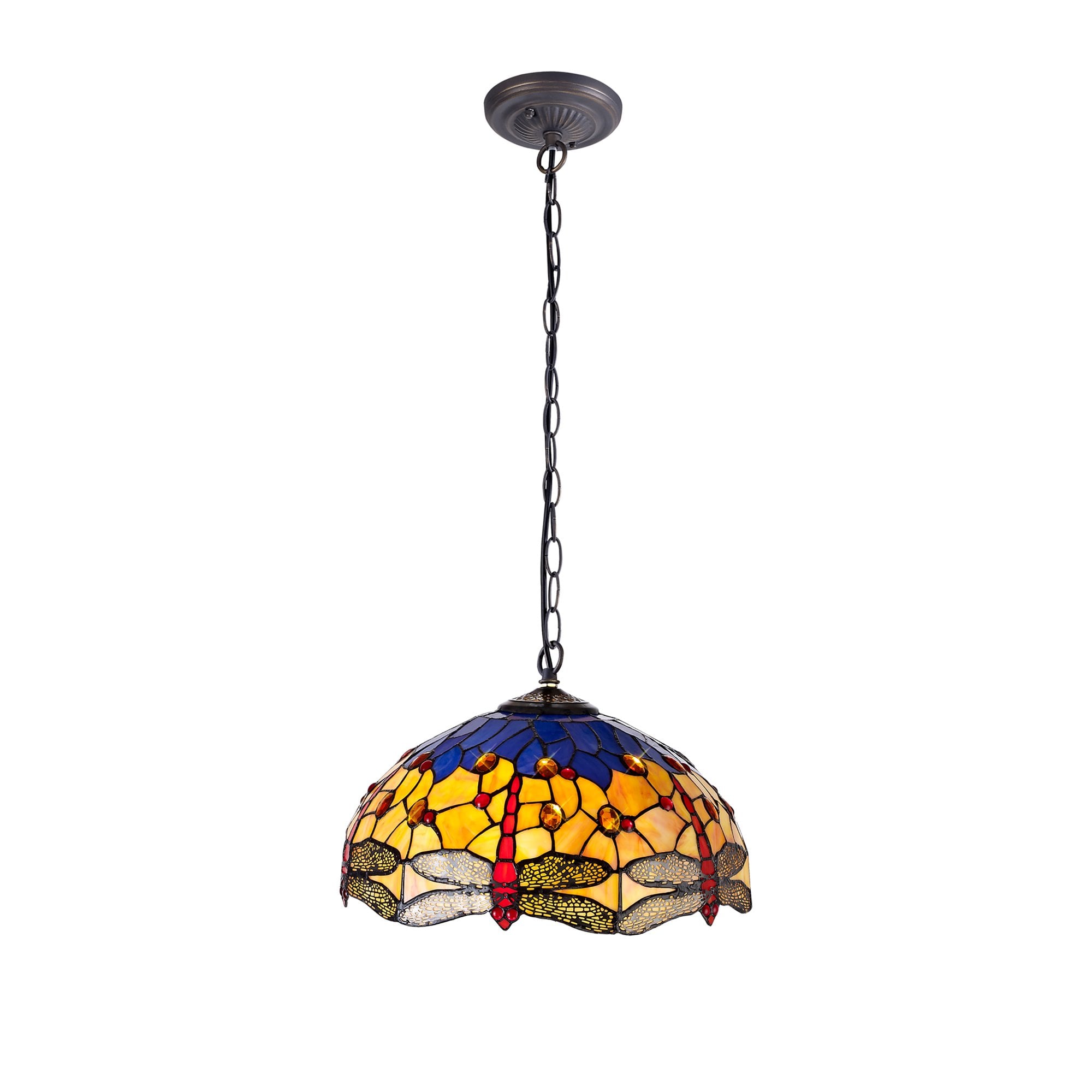 NLK00769 Heidi 1 Light Down Lighter Pendant With 40cm Tiffany Shade Blue/Orange/Crystal/Aged Antique Brass
