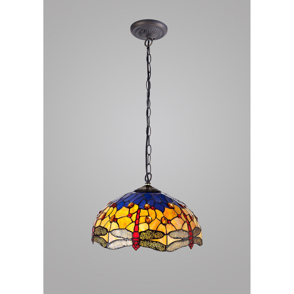NLK00769 Heidi 1 Light Down Lighter Pendant With 40cm Tiffany Shade Blue/Orange/Crystal/Aged Antique Brass