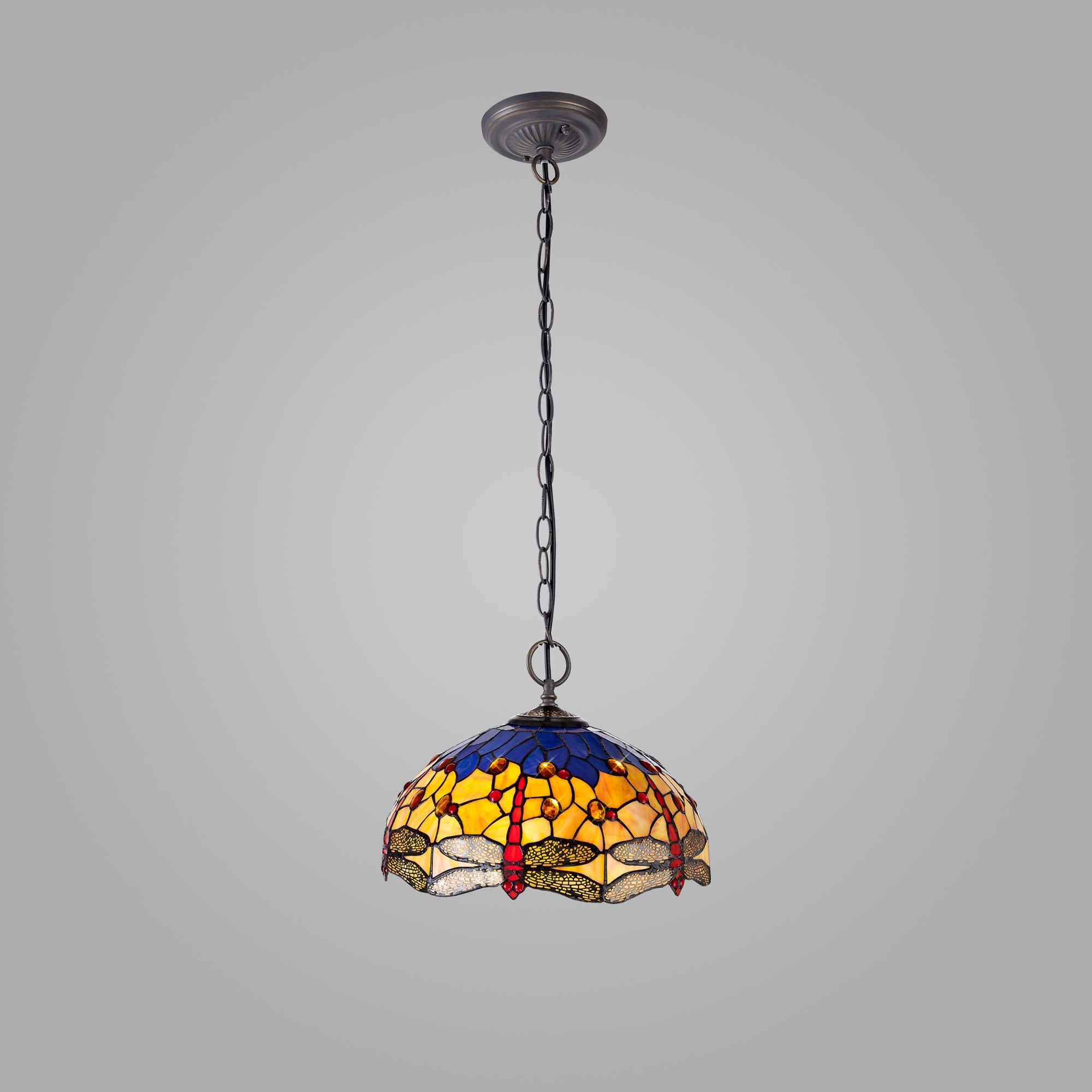 NLK00779 Heidi 2 Light Down Lighter Pendant With 40cm Tiffany Shade Blue/Orange/Crystal/Aged Antique Brass