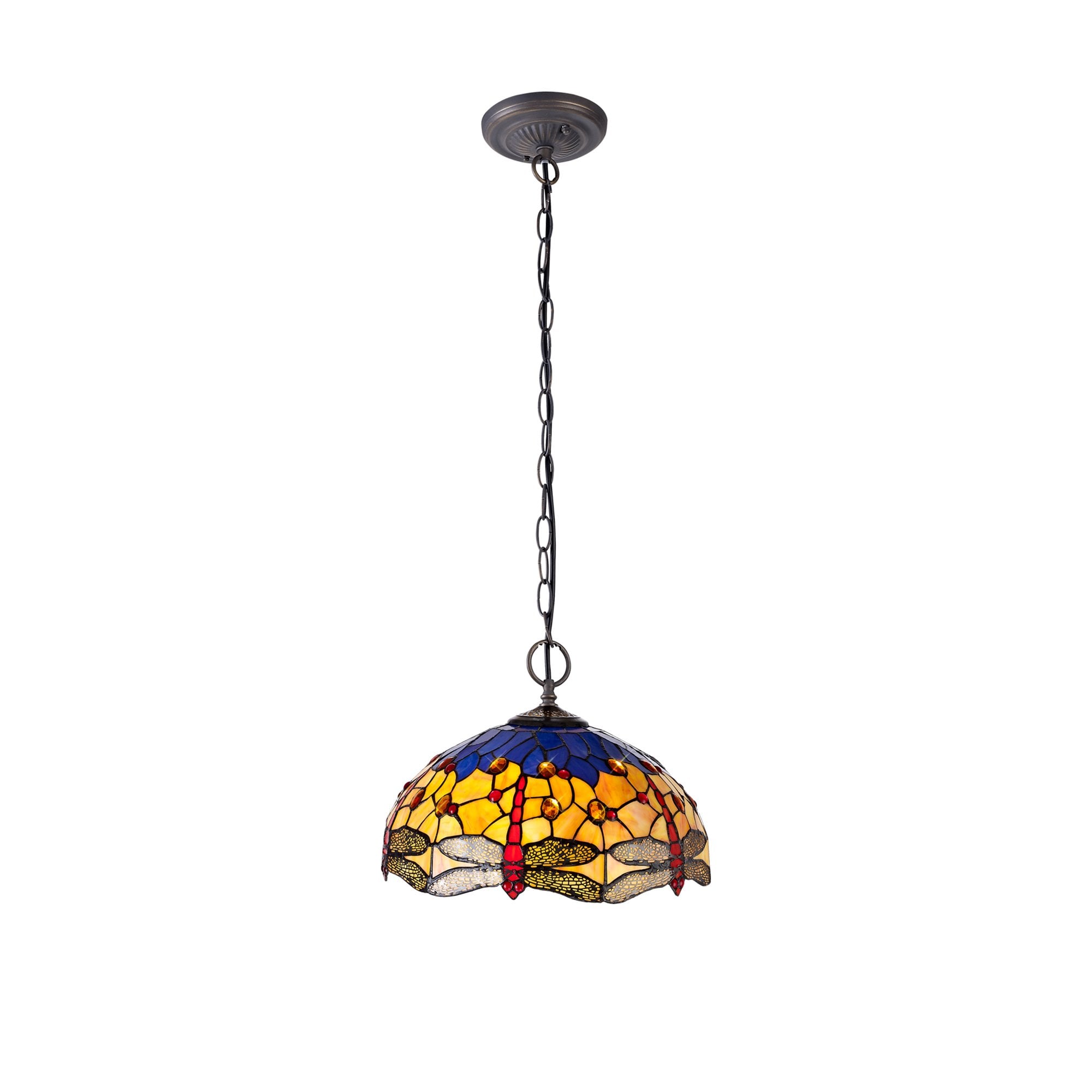NLK00779 Heidi 2 Light Down Lighter Pendant With 40cm Tiffany Shade Blue/Orange/Crystal/Aged Antique Brass