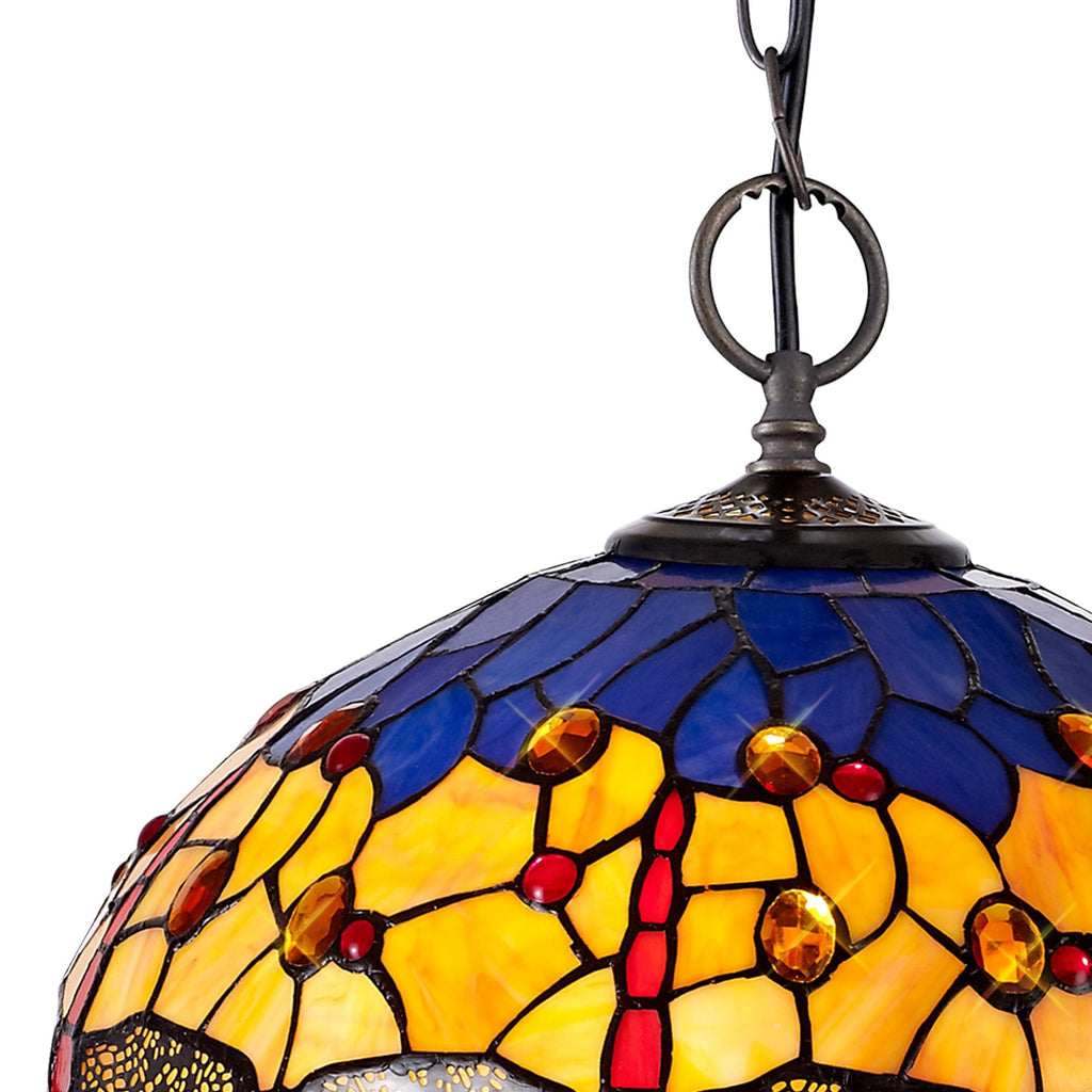 NLK00779 Heidi 2 Light Down Lighter Pendant With 40cm Tiffany Shade Blue/Orange/Crystal/Aged Antique Brass
