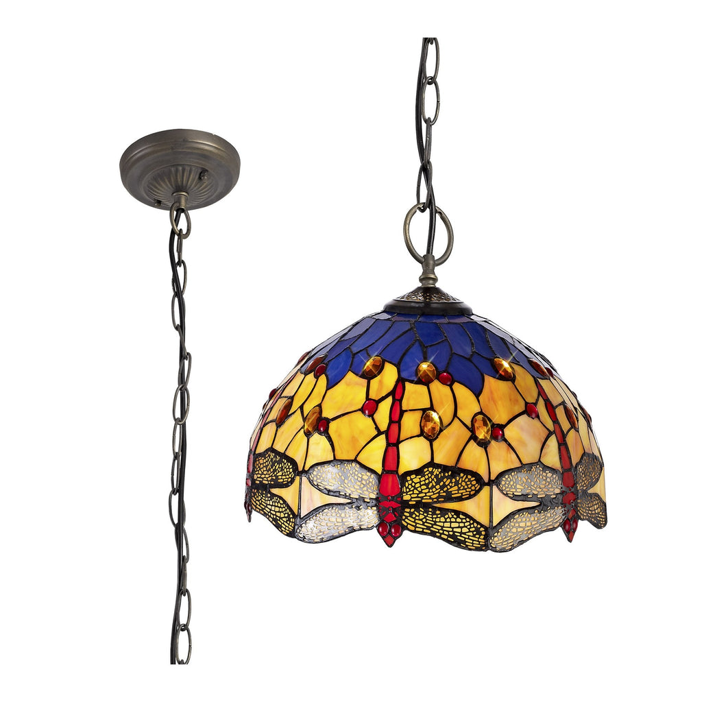 NLK00789 Heidi 3 Light Down Lighter Pendant With 40cm Tiffany Shade Blue/Orange/Crystal/Aged Antique Brass