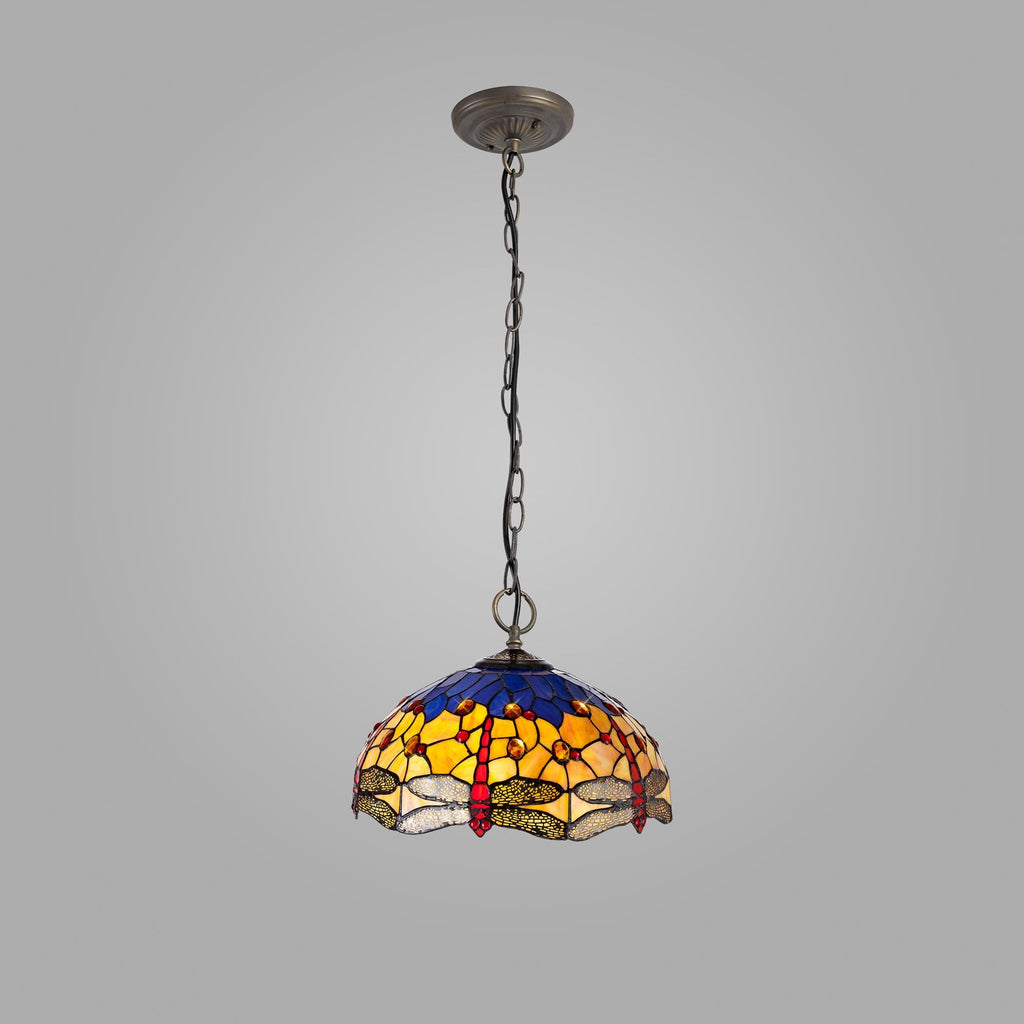 NLK00789 Heidi 3 Light Down Lighter Pendant With 40cm Tiffany Shade Blue/Orange/Crystal/Aged Antique Brass