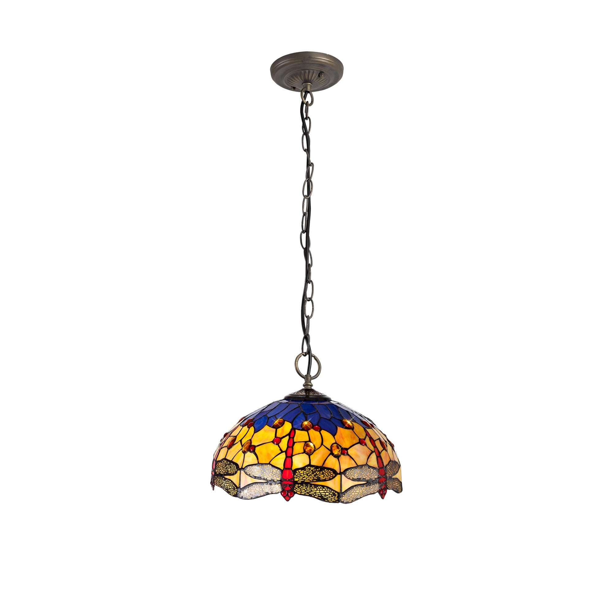 NLK00789 Heidi 3 Light Down Lighter Pendant With 40cm Tiffany Shade Blue/Orange/Crystal/Aged Antique Brass