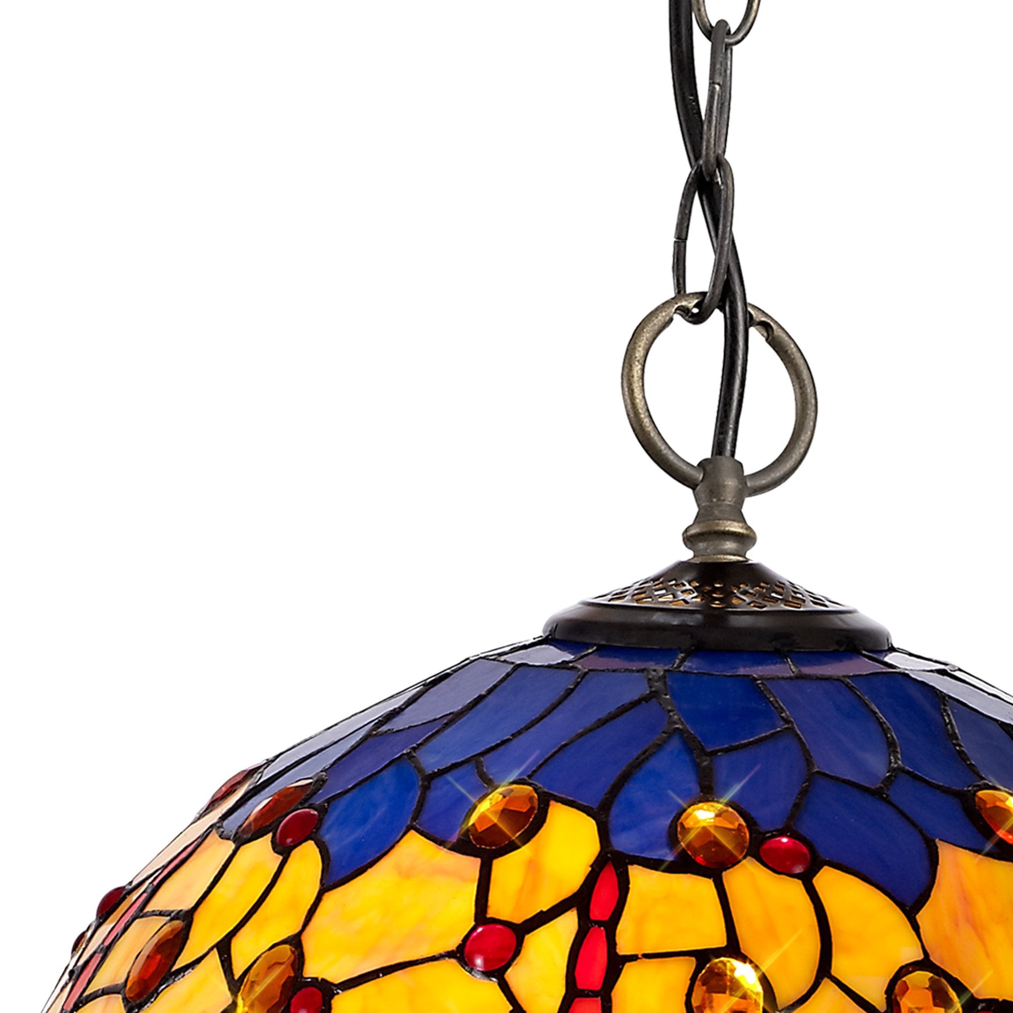 NLK00789 Heidi 3 Light Down Lighter Pendant With 40cm Tiffany Shade Blue/Orange/Crystal/Aged Antique Brass