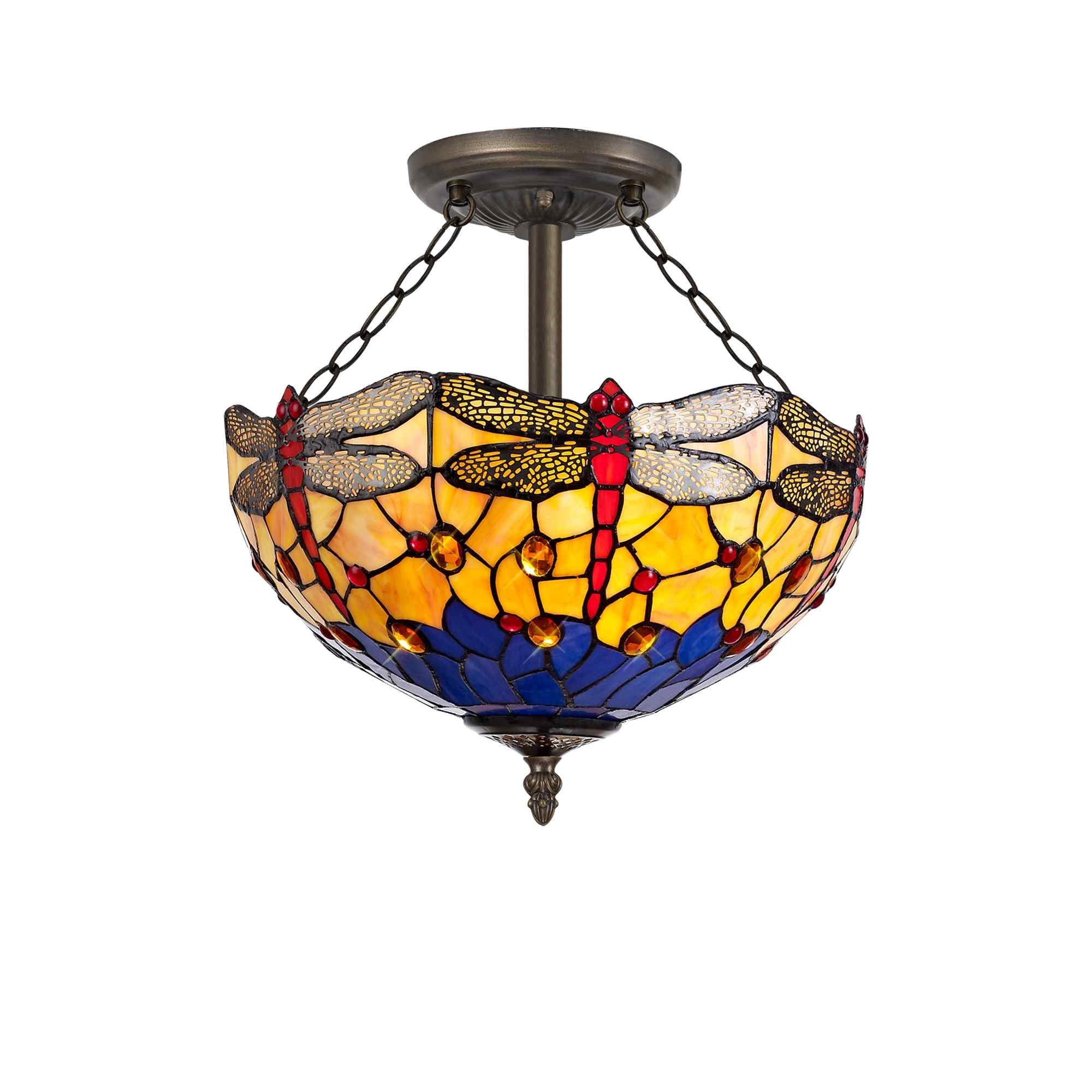 NLK00799 Heidi 3 Light Semi Ceiling With 40cm Tiffany Shade Blue/Orange/Crystal/Aged Antique Brass