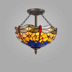 NLK00799 Heidi 3 Light Semi Ceiling With 40cm Tiffany Shade Blue/Orange/Crystal/Aged Antique Brass