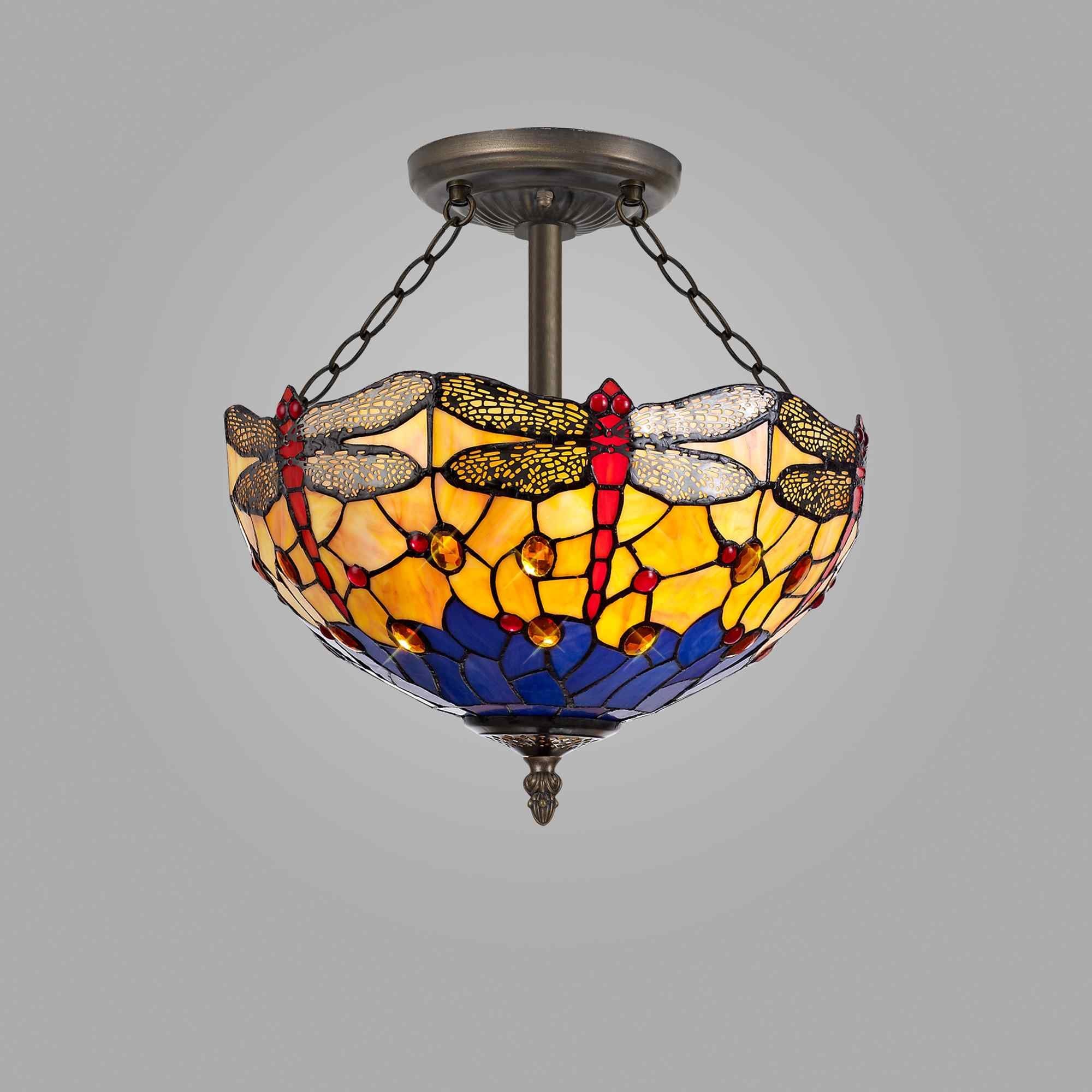 NLK00799 Heidi 3 Light Semi Ceiling With 40cm Tiffany Shade Blue/Orange/Crystal/Aged Antique Brass