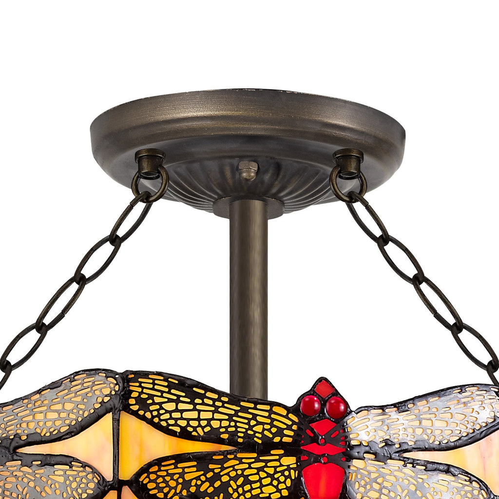 NLK00799 Heidi 3 Light Semi Ceiling With 40cm Tiffany Shade Blue/Orange/Crystal/Aged Antique Brass