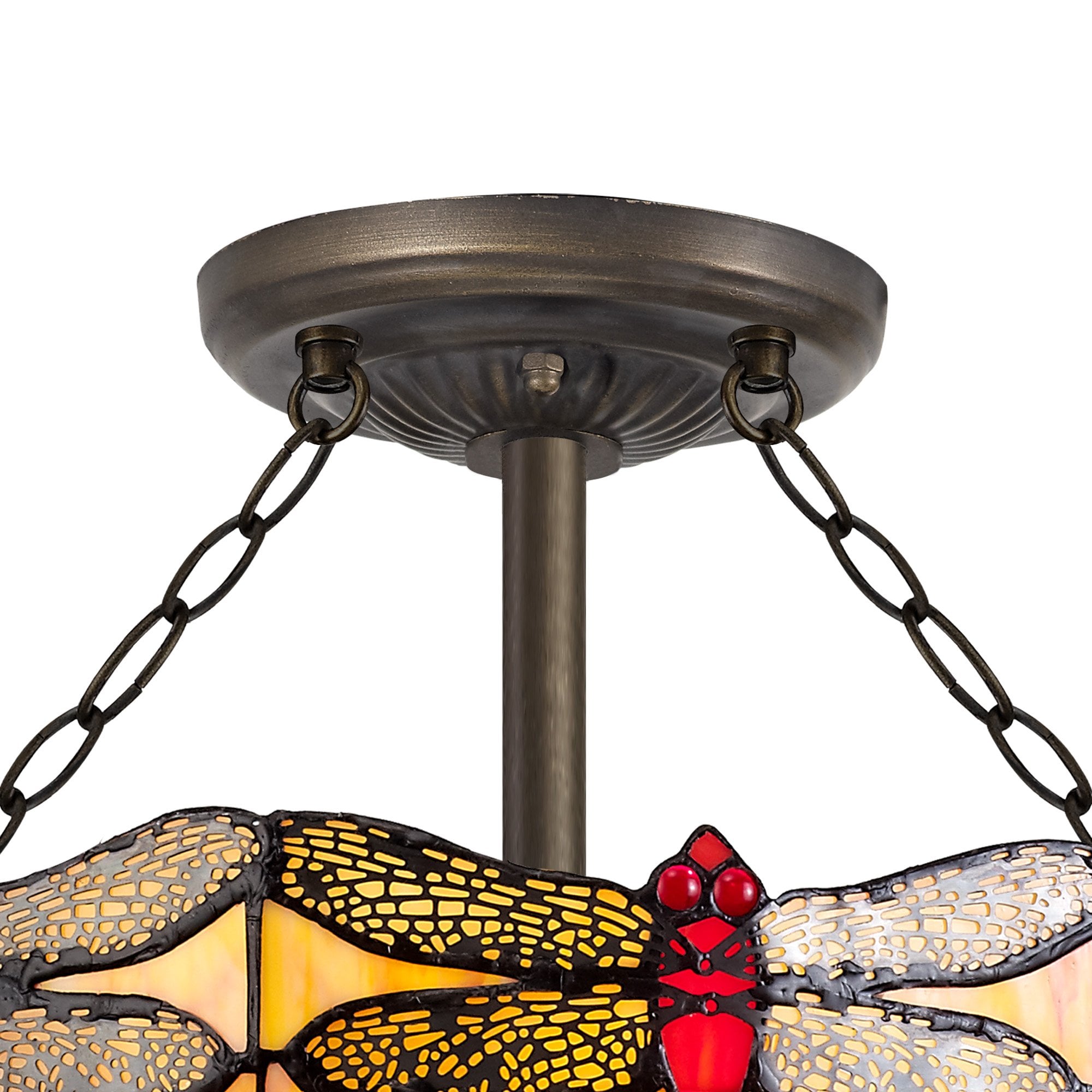 NLK00799 Heidi 3 Light Semi Ceiling With 40cm Tiffany Shade Blue/Orange/Crystal/Aged Antique Brass