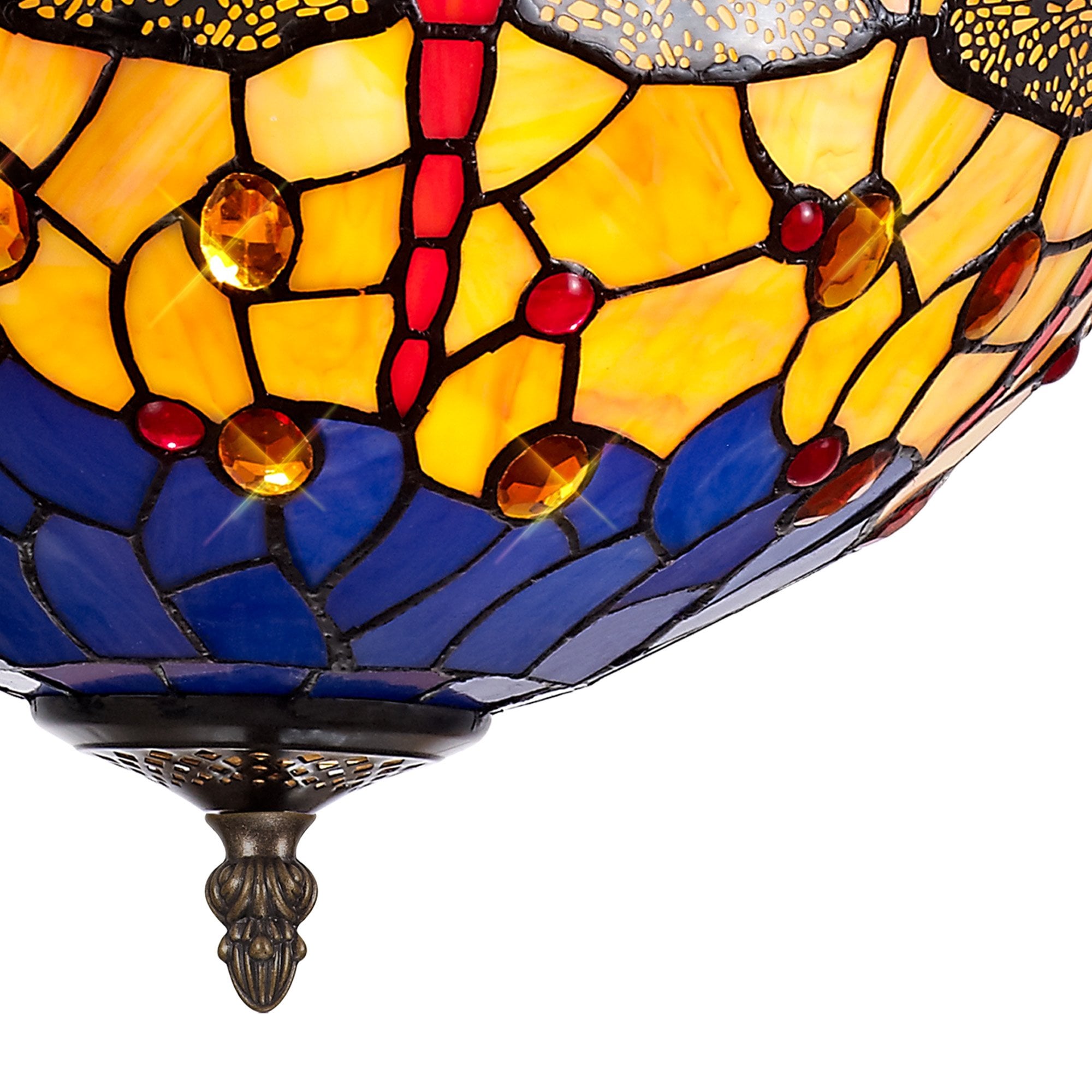 NLK00799 Heidi 3 Light Semi Ceiling With 40cm Tiffany Shade Blue/Orange/Crystal/Aged Antique Brass