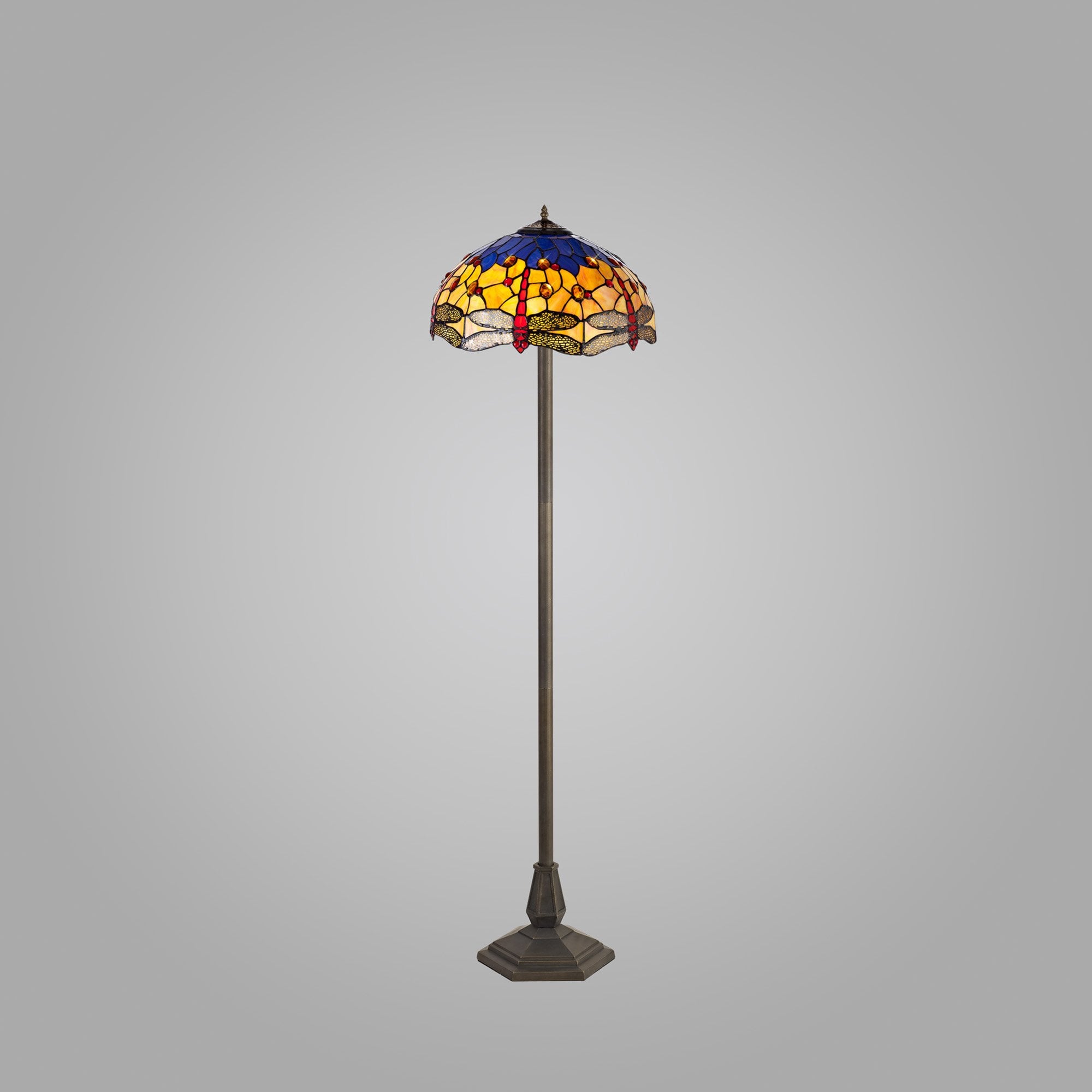 NLK00819 Heidi 2 Light Octagonal Floor Lamp With 40cm Tiffany Shade Blue/Orange/Crystal/Aged Antique Brass
