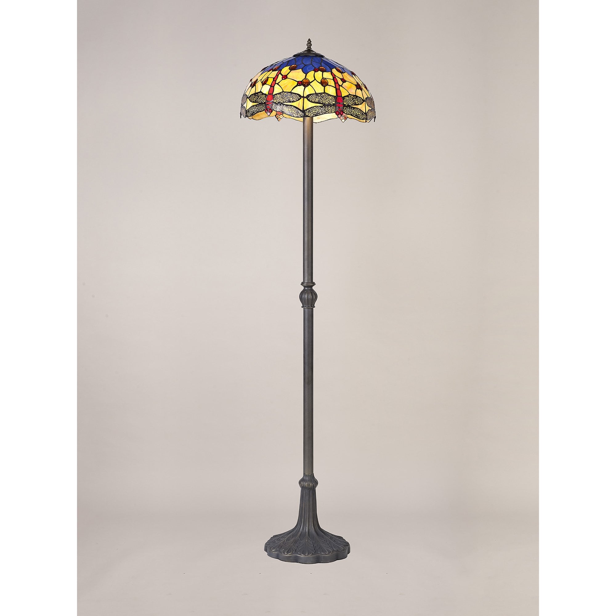 NLK00829 Heidi 2 Light Leaf Design Floor Lamp With 40cm Tiffany Shade Blue/Orange/Crystal/Aged Antique Brass