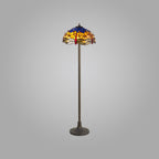 NLK00839 Heidi 2 Light Stepped Design Floor Lamp With 40cm Tiffany Shade Blue/Orange/Crystal/Aged Antique Brass