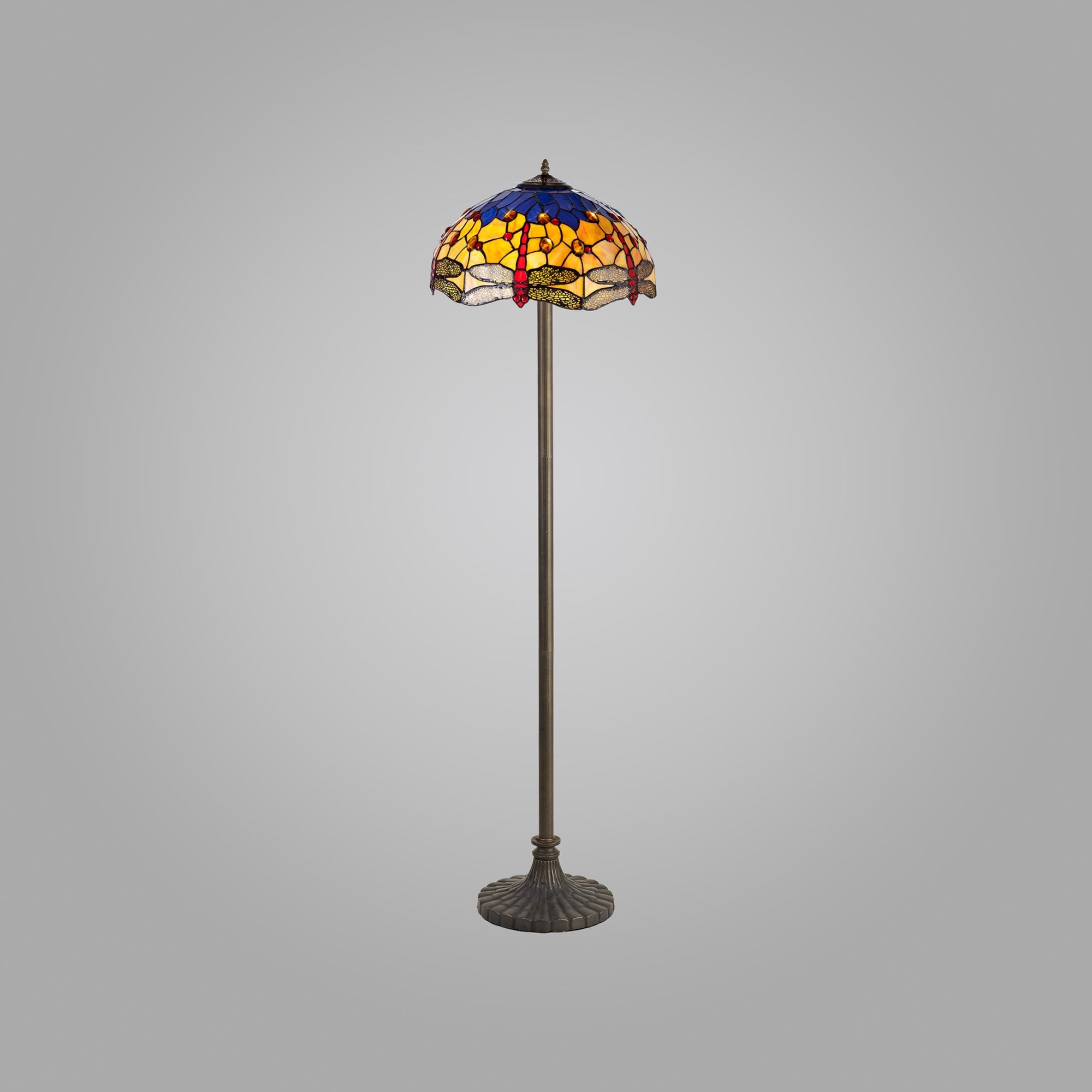 NLK00839 Heidi 2 Light Stepped Design Floor Lamp With 40cm Tiffany Shade Blue/Orange/Crystal/Aged Antique Brass