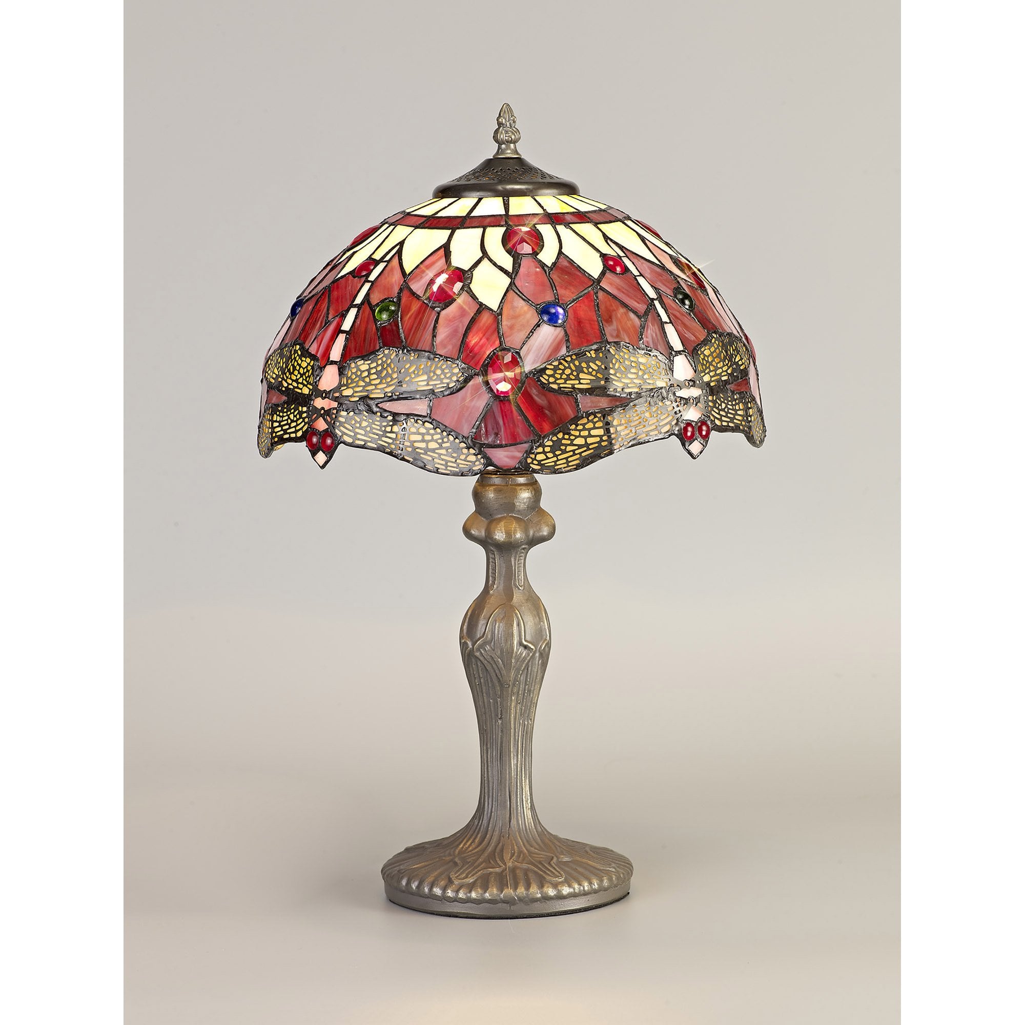NLK00879 Heidi 1 Light Curved Table Lamp With 30cm Tiffany Shade Purple/Pink/Crystal/Aged Antique Brass