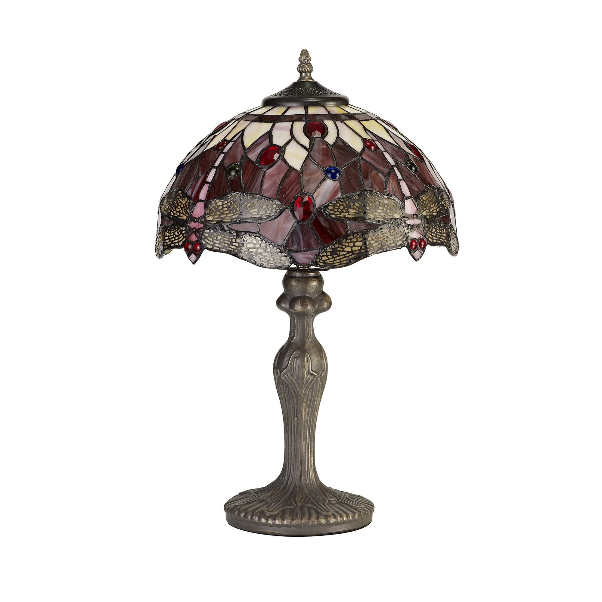 NLK00879 Heidi 1 Light Curved Table Lamp With 30cm Tiffany Shade Purple/Pink/Crystal/Aged Antique Brass