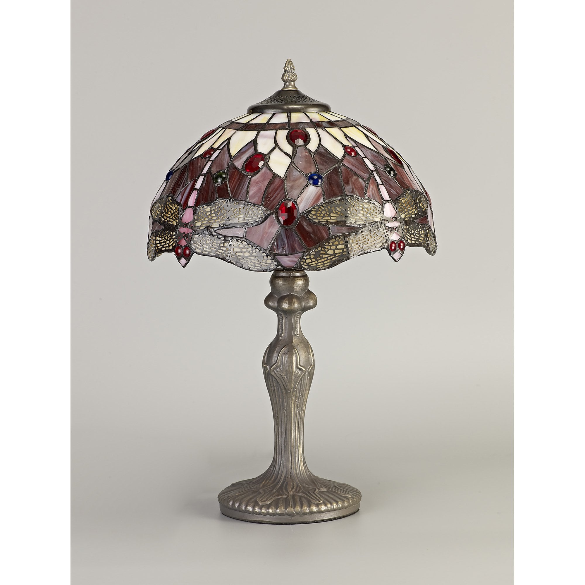 NLK00879 Heidi 1 Light Curved Table Lamp With 30cm Tiffany Shade Purple/Pink/Crystal/Aged Antique Brass