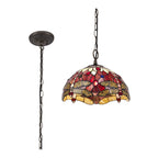 NLK00899 Heidi 1 Light Down Lighter Pendant With 30cm Tiffany Shade Purple/Pink/Crystal/Aged Antique Brass