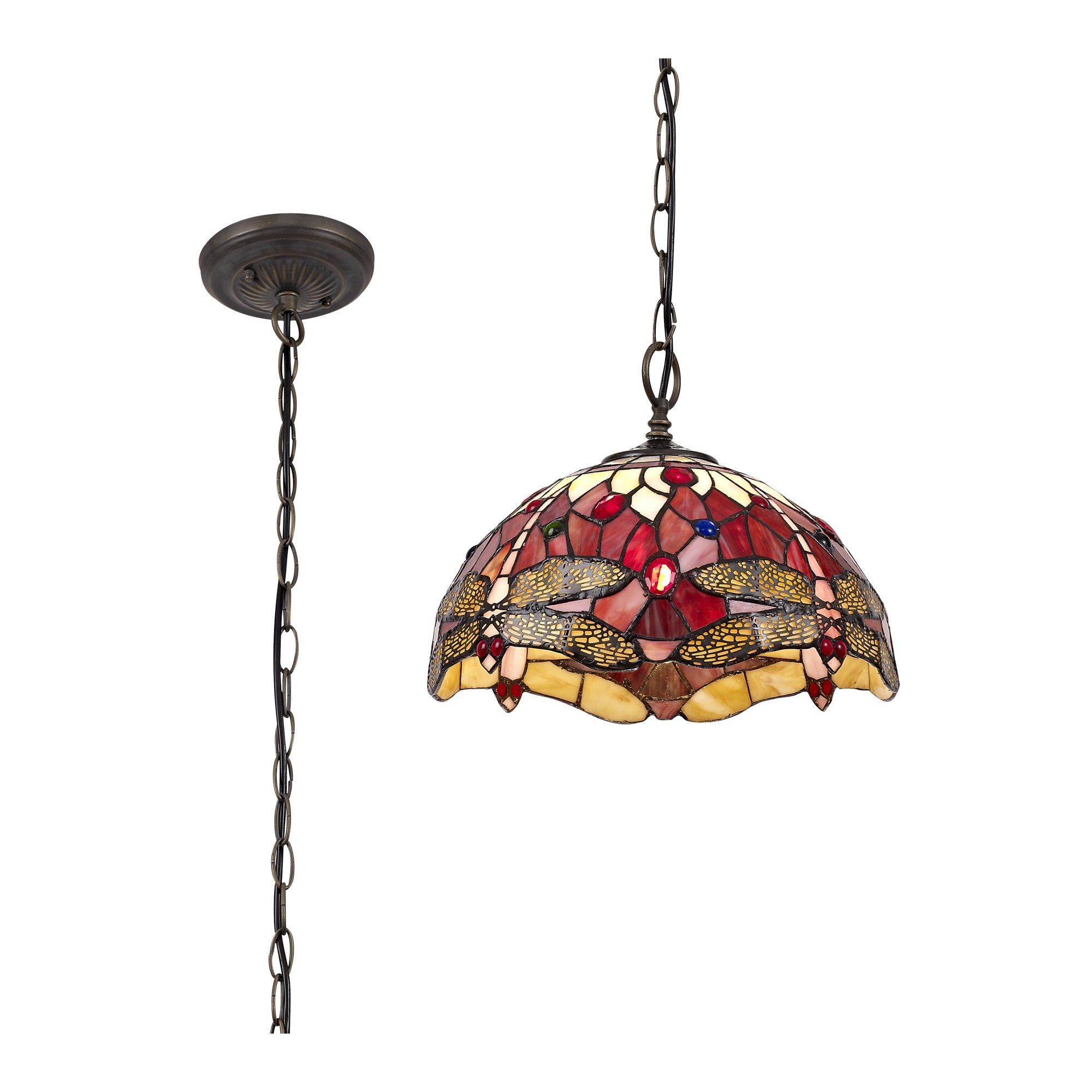 NLK00899 Heidi 1 Light Down Lighter Pendant With 30cm Tiffany Shade Purple/Pink/Crystal/Aged Antique Brass