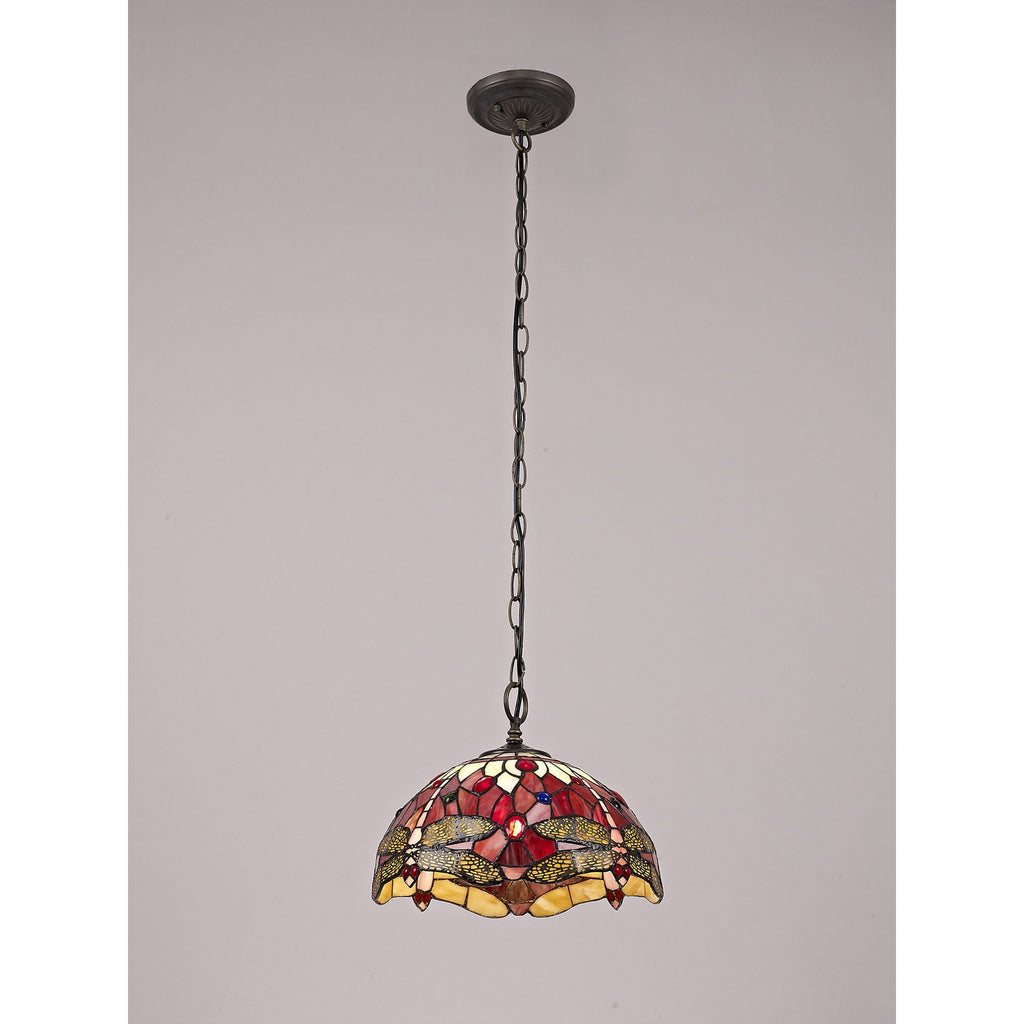 NLK00899 Heidi 1 Light Down Lighter Pendant With 30cm Tiffany Shade Purple/Pink/Crystal/Aged Antique Brass