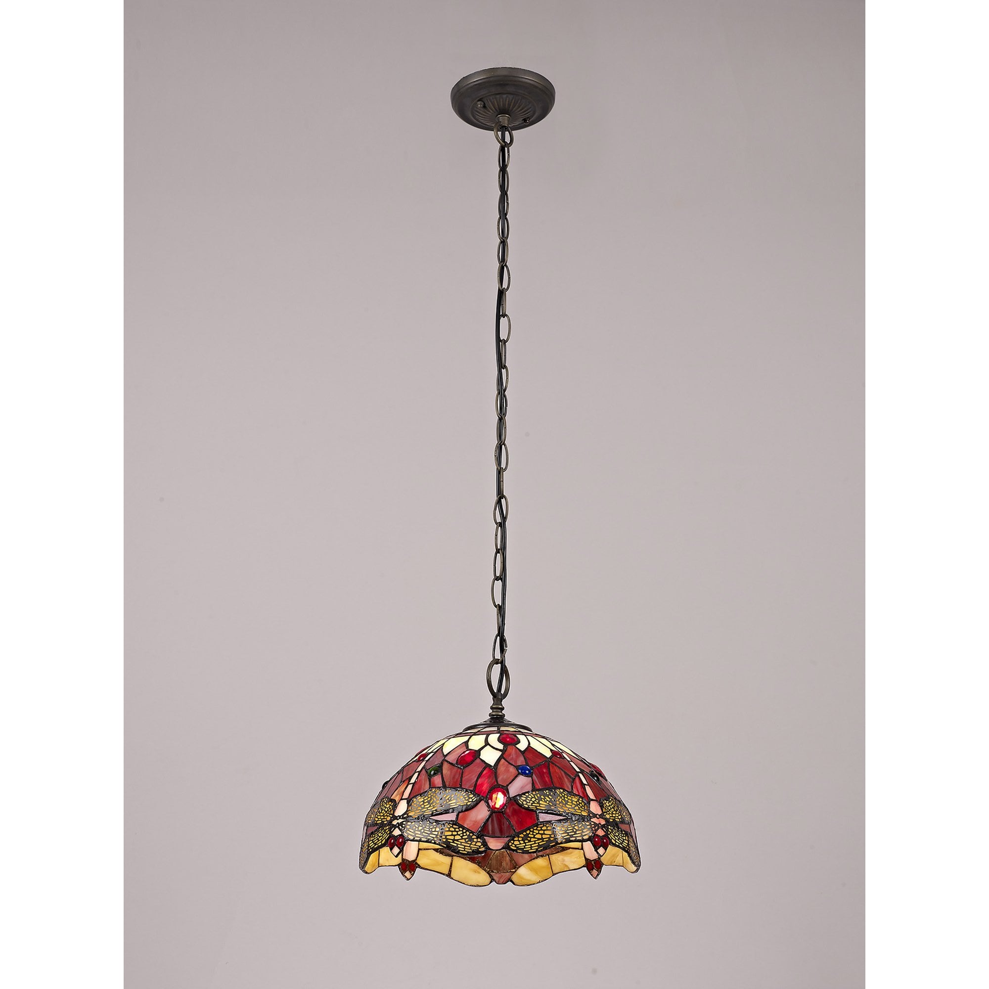 NLK00899 Heidi 1 Light Down Lighter Pendant With 30cm Tiffany Shade Purple/Pink/Crystal/Aged Antique Brass
