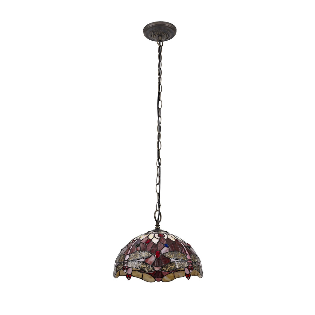 NLK00899 Heidi 1 Light Down Lighter Pendant With 30cm Tiffany Shade Purple/Pink/Crystal/Aged Antique Brass