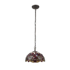 NLK00899 Heidi 1 Light Down Lighter Pendant With 30cm Tiffany Shade Purple/Pink/Crystal/Aged Antique Brass