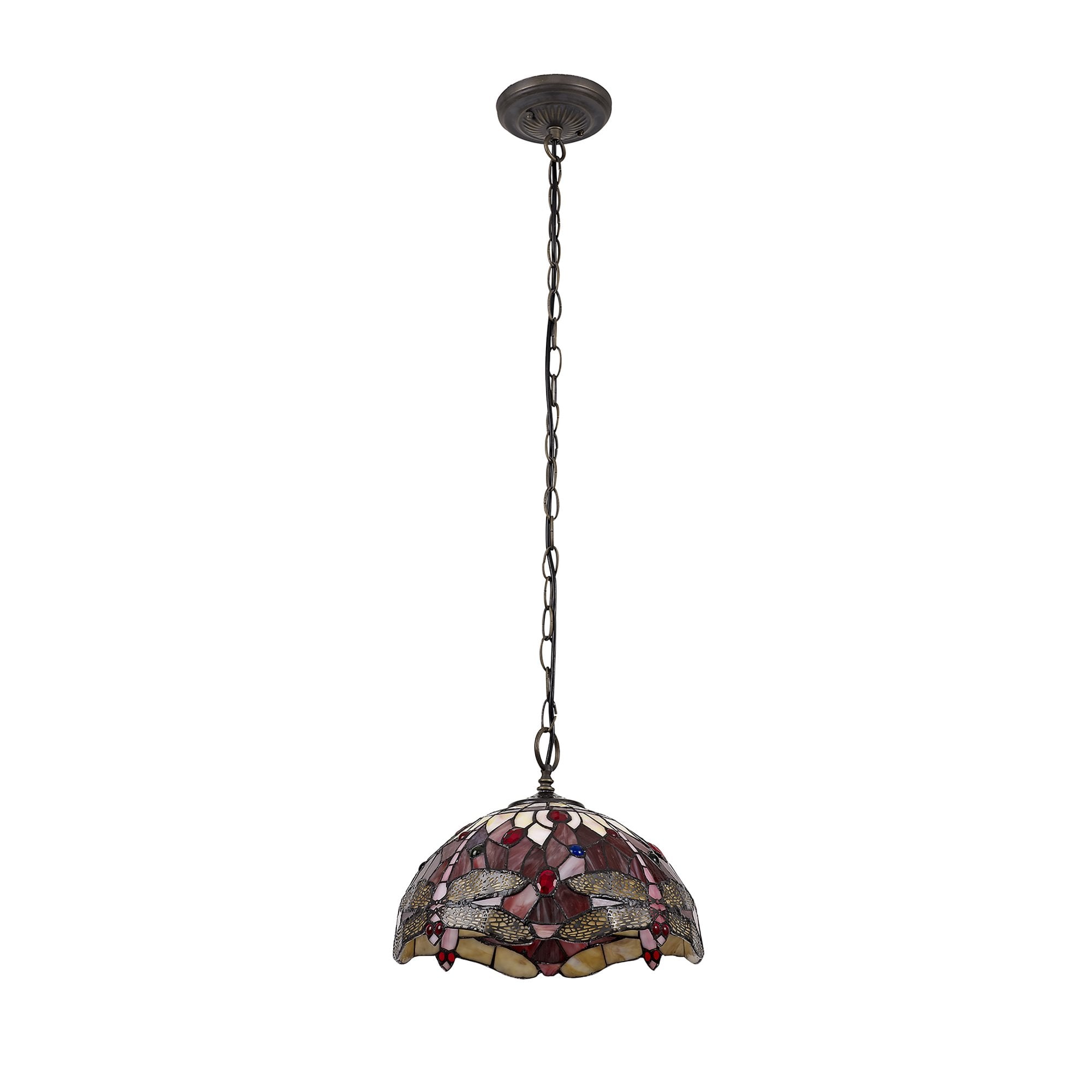 NLK00899 Heidi 1 Light Down Lighter Pendant With 30cm Tiffany Shade Purple/Pink/Crystal/Aged Antique Brass