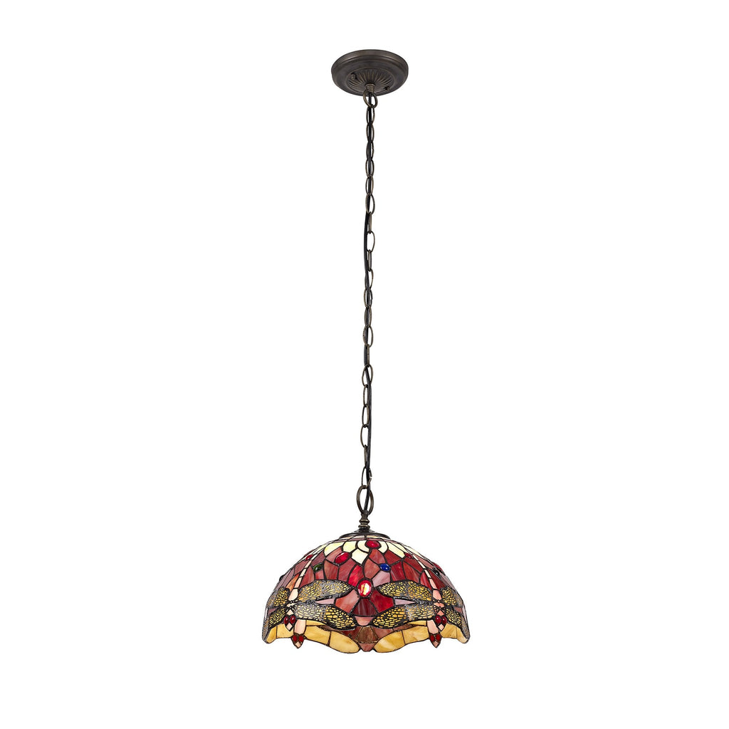 NLK00899 Heidi 1 Light Down Lighter Pendant With 30cm Tiffany Shade Purple/Pink/Crystal/Aged Antique Brass