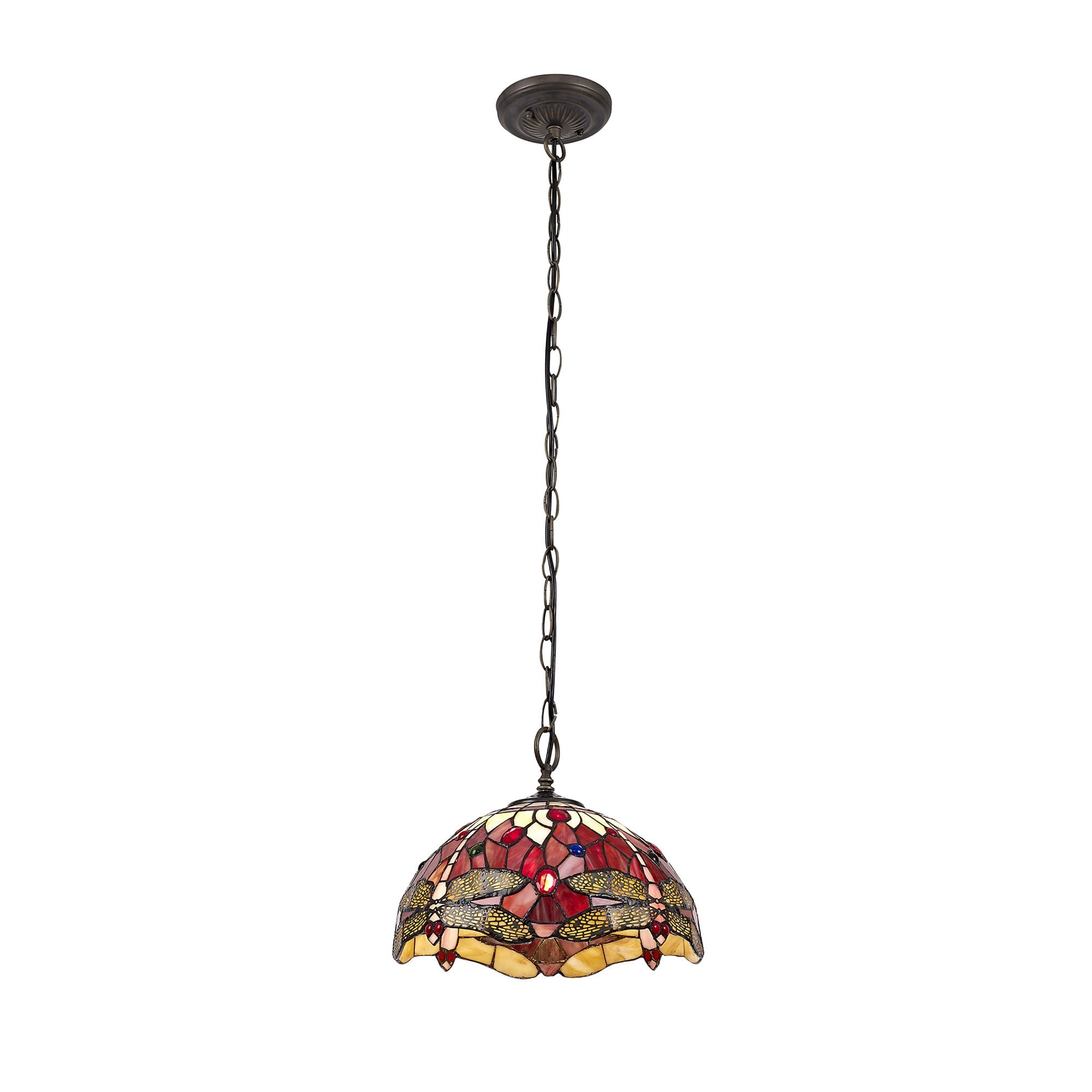 NLK00899 Heidi 1 Light Down Lighter Pendant With 30cm Tiffany Shade Purple/Pink/Crystal/Aged Antique Brass