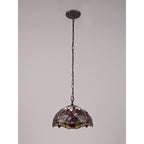 NLK00899 Heidi 1 Light Down Lighter Pendant With 30cm Tiffany Shade Purple/Pink/Crystal/Aged Antique Brass
