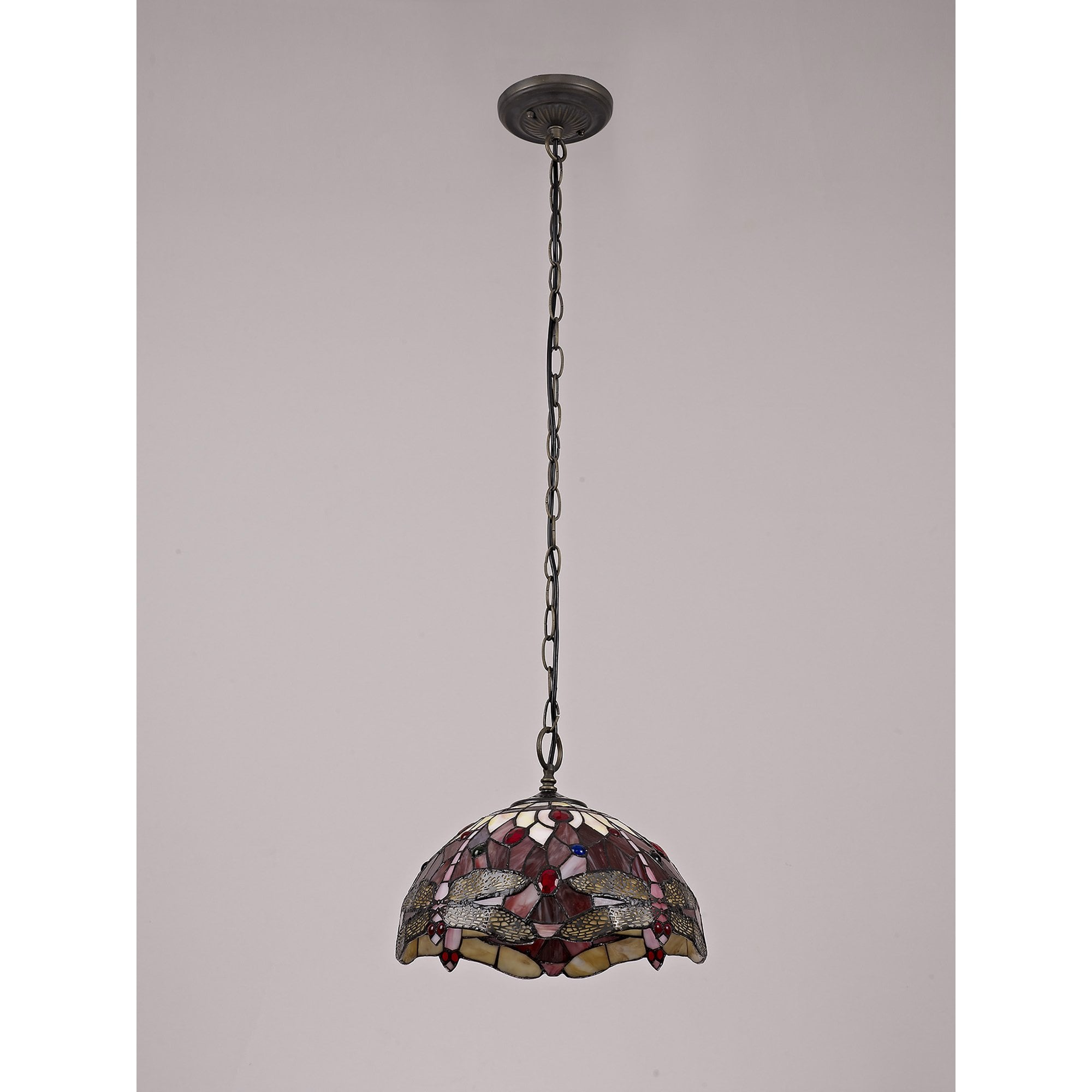 NLK00899 Heidi 1 Light Down Lighter Pendant With 30cm Tiffany Shade Purple/Pink/Crystal/Aged Antique Brass