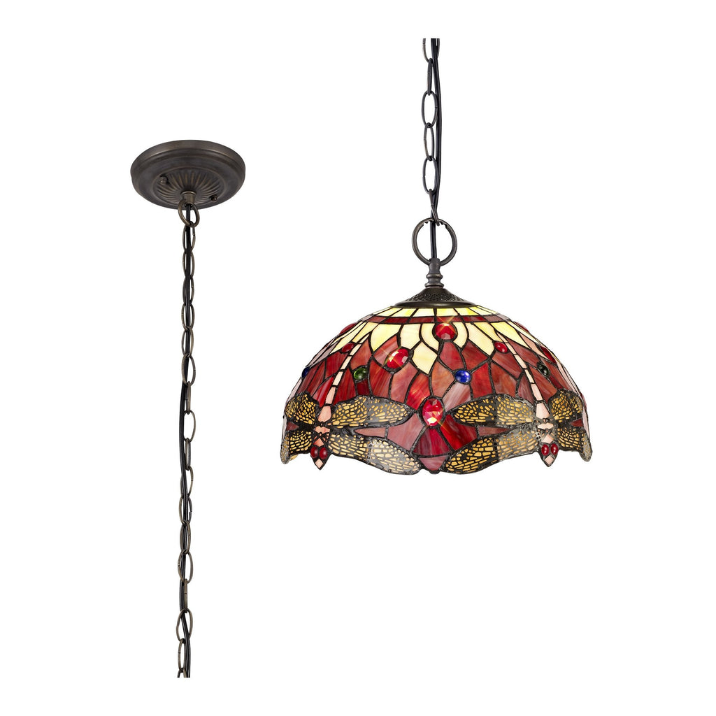 NLK00909 Heidi 2 Light Down Lighter Pendant With 30cm Tiffany Shade Purple/Pink/Crystal/Aged Antique Brass