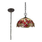 NLK00909 Heidi 2 Light Down Lighter Pendant With 30cm Tiffany Shade Purple/Pink/Crystal/Aged Antique Brass