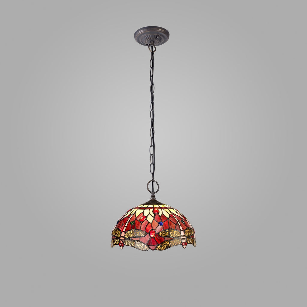 NLK00909 Heidi 2 Light Down Lighter Pendant With 30cm Tiffany Shade Purple/Pink/Crystal/Aged Antique Brass
